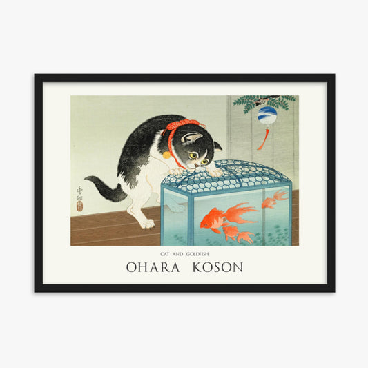 Ohara Koson: Cat and Goldfish - Japandi - 50x70 cm Poster With Black Frame