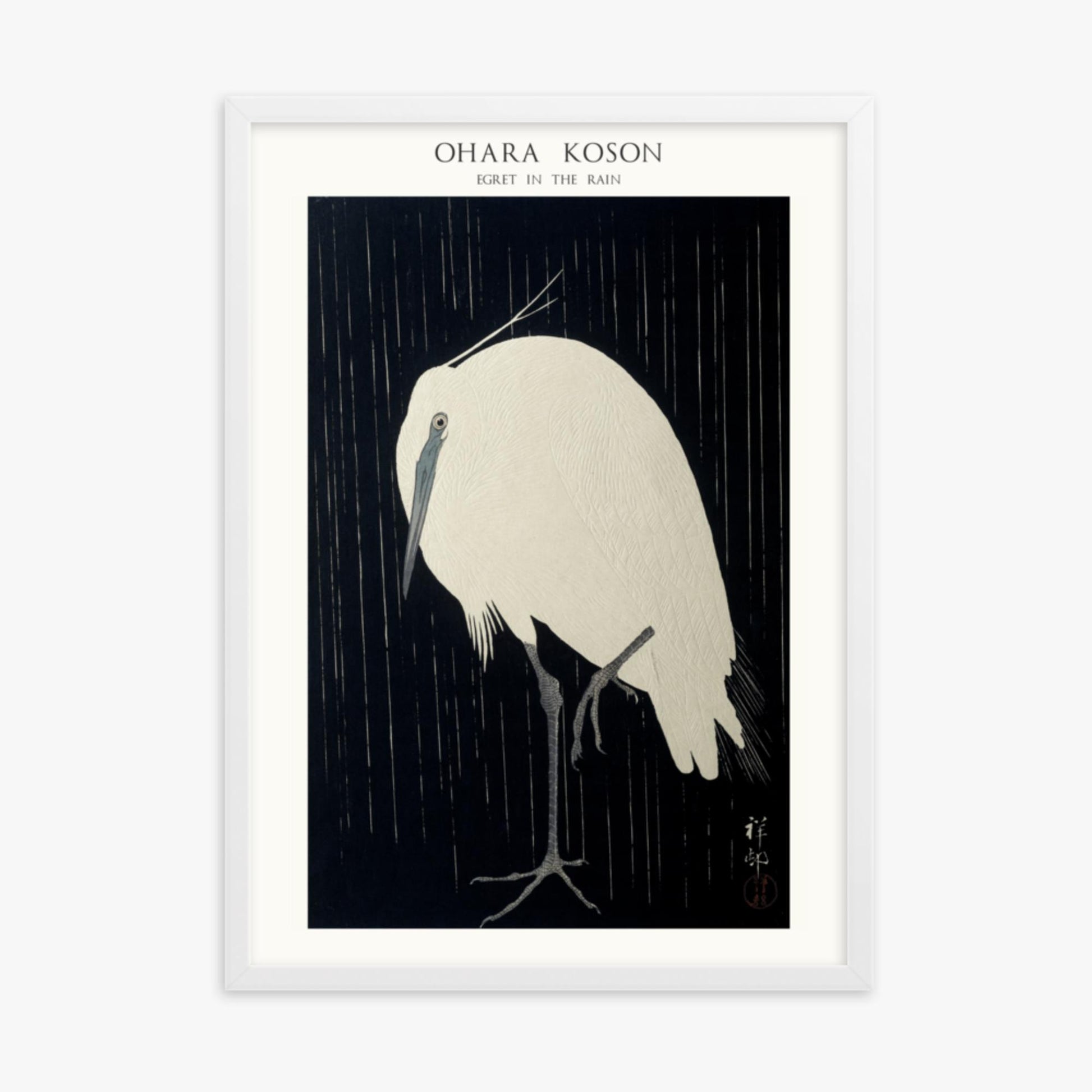 Ohara Koson: Egret in the Rain - Japandi - 50x70 cm Poster With White Frame