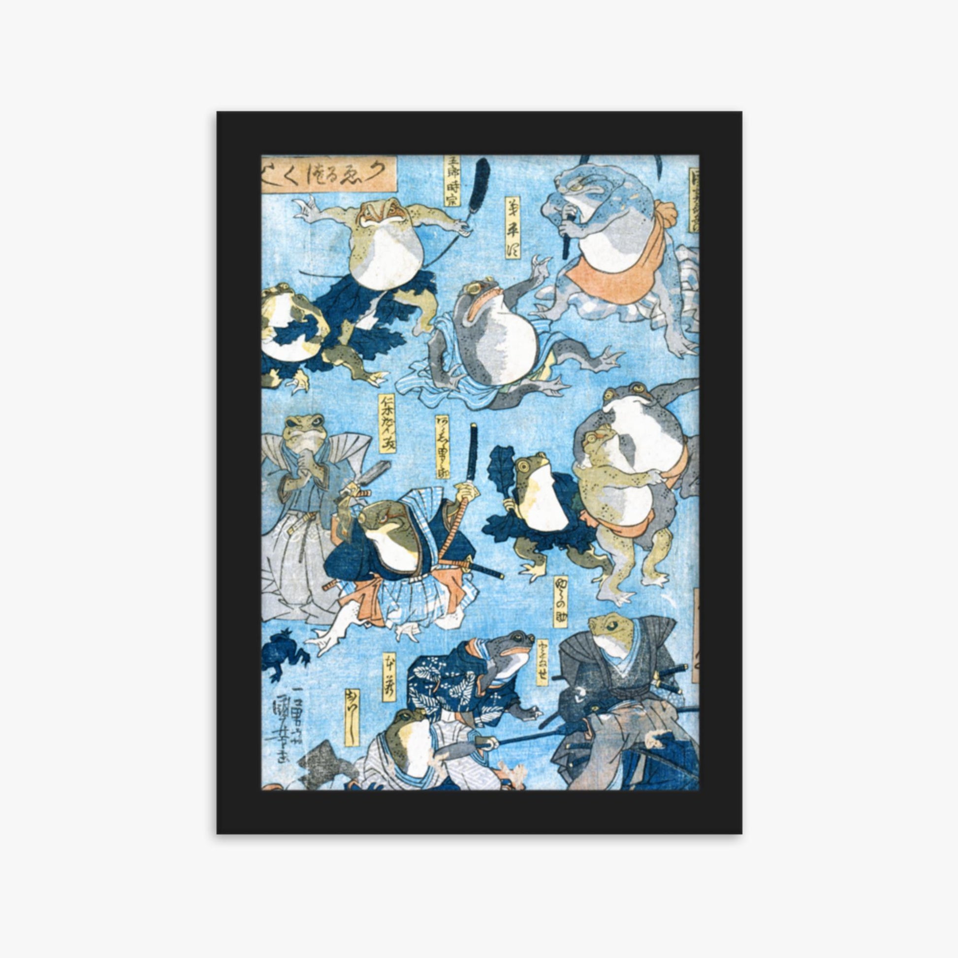 Utagawa Kuniyoshi - Famous Heroes of the Kabuki Stage Played by Frogs  21x30 cm Poster With Black Frame