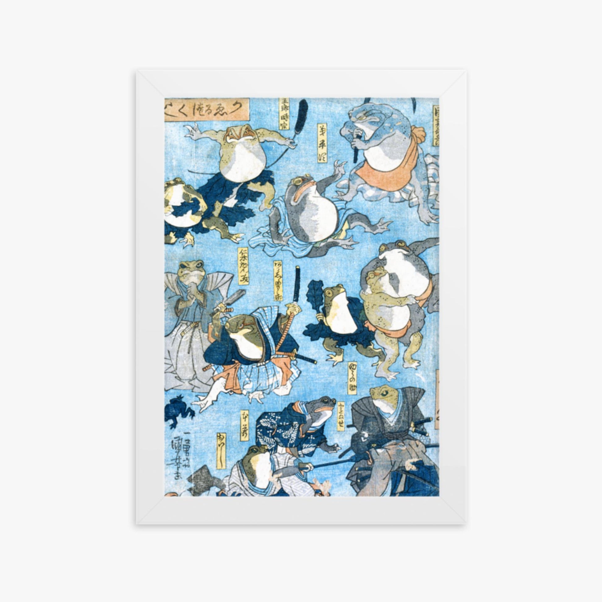 Utagawa Kuniyoshi - Famous Heroes of the Kabuki Stage Played by Frogs  21x30 cm Poster With White Frame