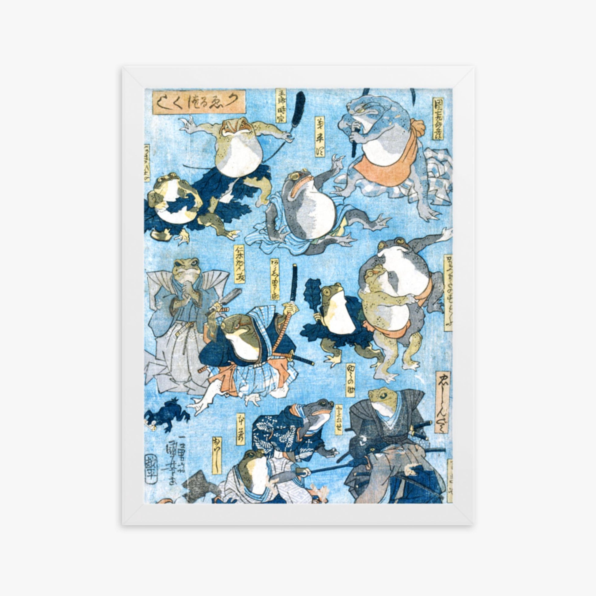 Utagawa Kuniyoshi - Famous Heroes of the Kabuki Stage Played by Frogs  30x40 cm Poster With White Frame