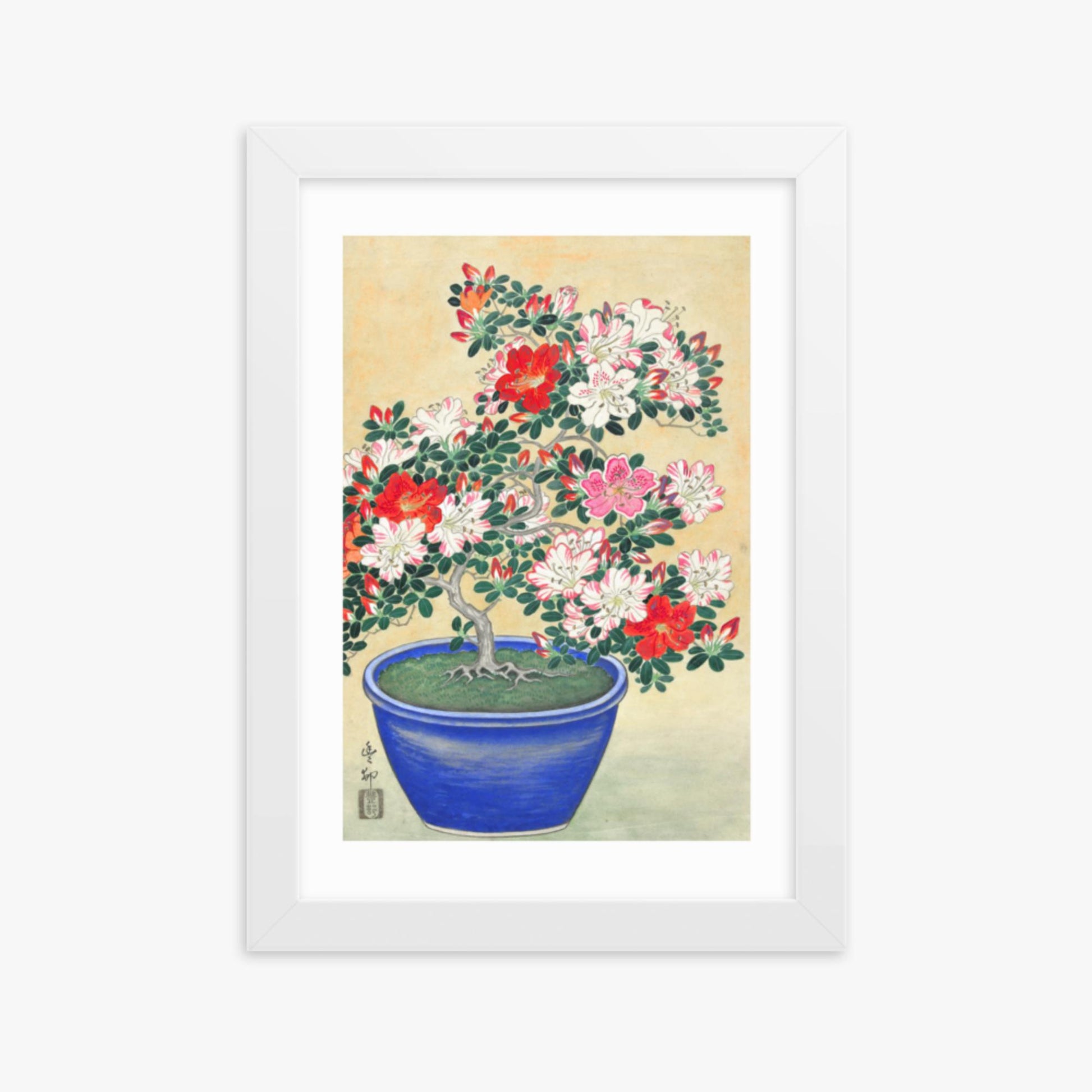 Ohara Koson - Blooming Azalea in Blue Pot 21x30 cm Poster With White Frame