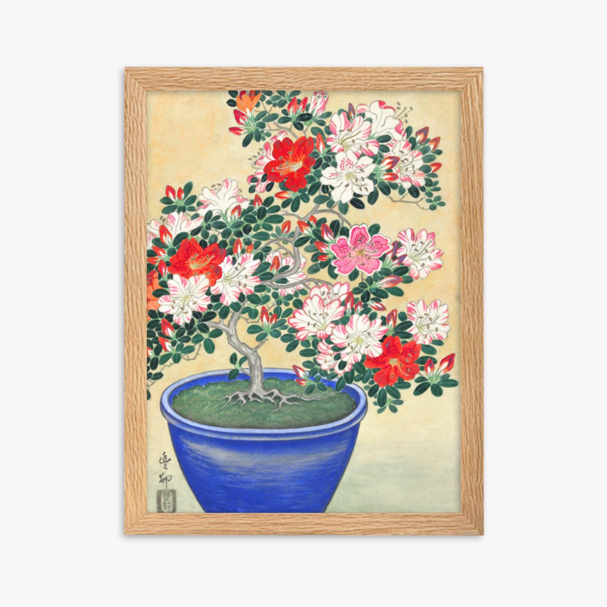 Ohara Koson - Blooming Azalea in Blue Pot 30x40 cm Poster With Oak Frame