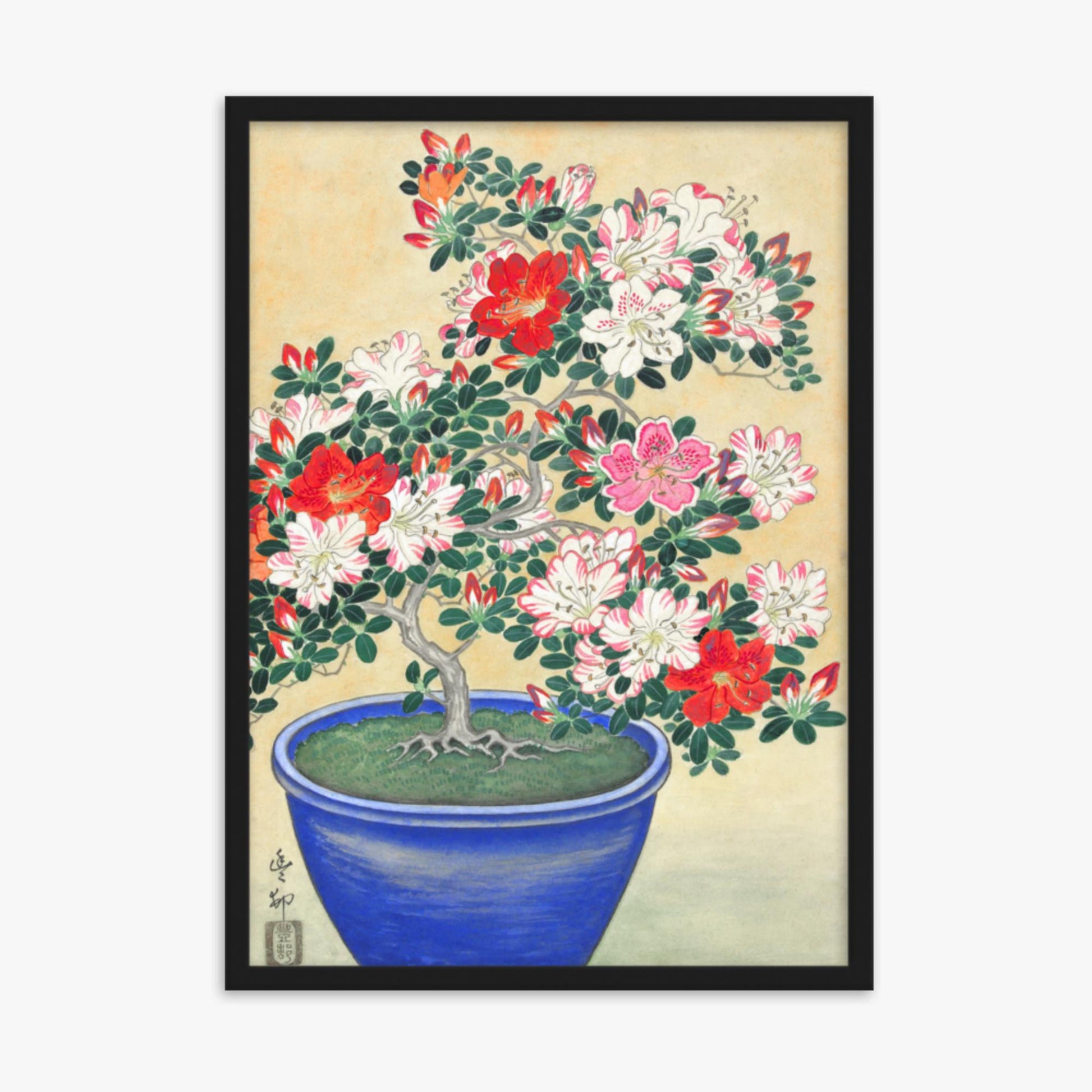 Ohara Koson - Blooming Azalea in Blue Pot 50x70 cm Poster With Black Frame