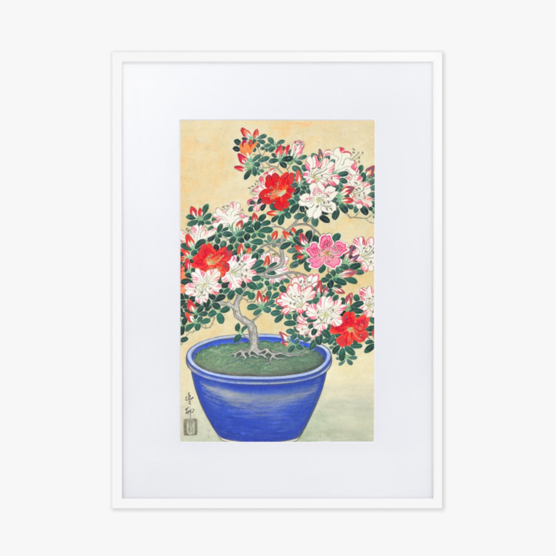 Ohara Koson - Blooming Azalea in Blue Pot 50x70 cm Poster With White Frame