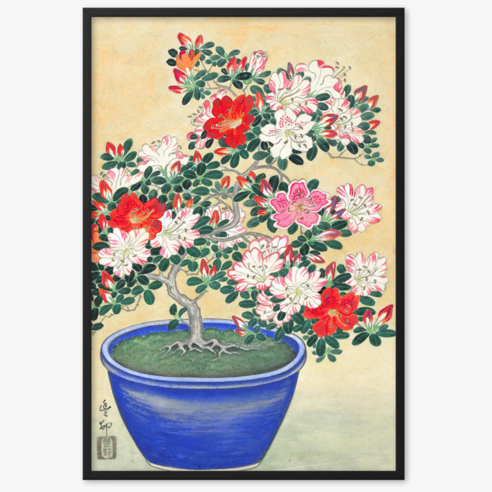 Ohara Koson - Blooming Azalea in Blue Pot 61x91 cm Poster With Black Frame