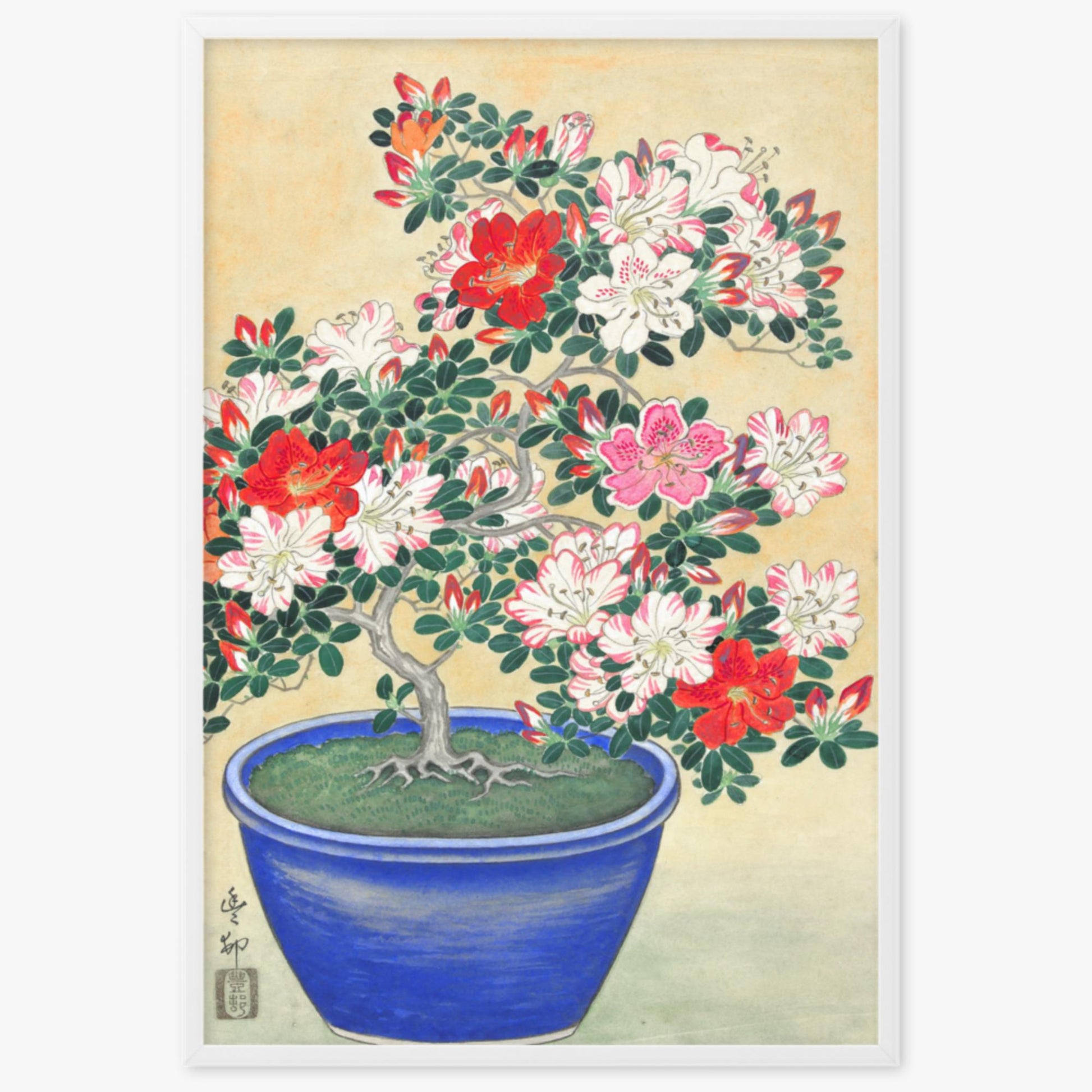 Ohara Koson - Blooming Azalea in Blue Pot 61x91 cm Poster With White Frame