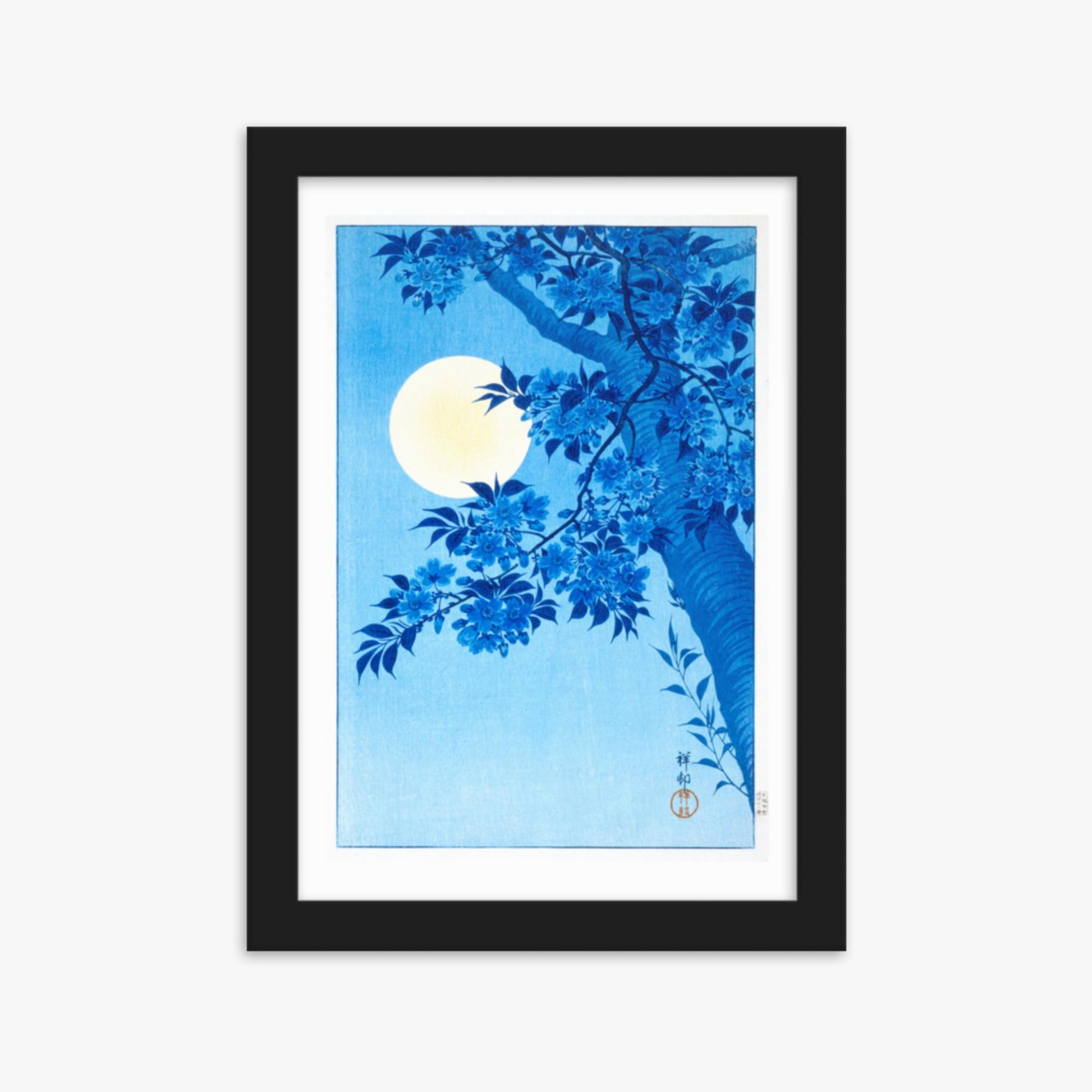 Ohara Koson - Blossoming Cherry on a Moonlit Night 21x30 cm Poster With Black Frame