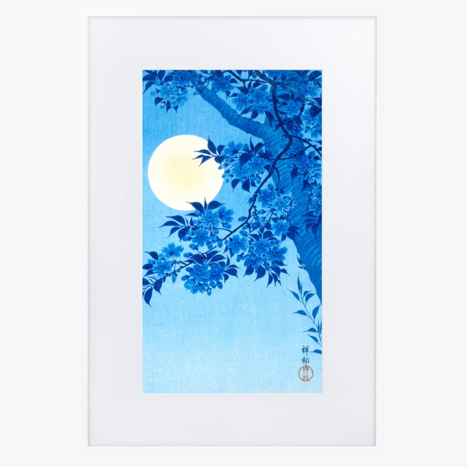 Ohara Koson - Blossoming Cherry on a Moonlit Night 61x91 cm Poster With White Frame