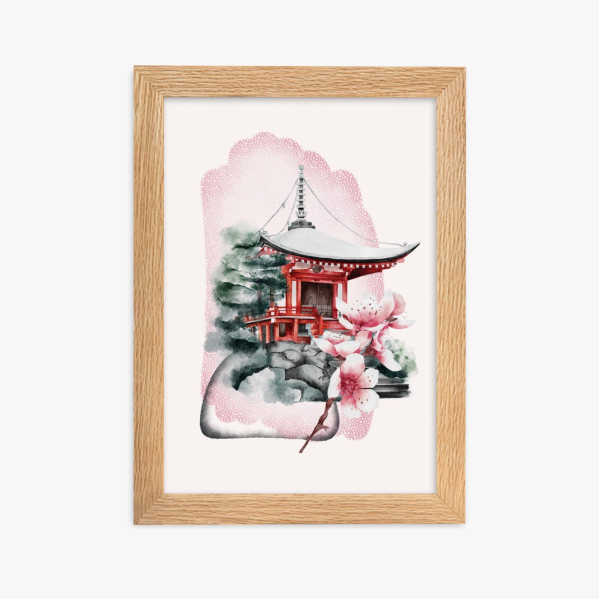 Modern illustration: Flowery Shrine 21x30 cm Poster With Oak Frame Frame