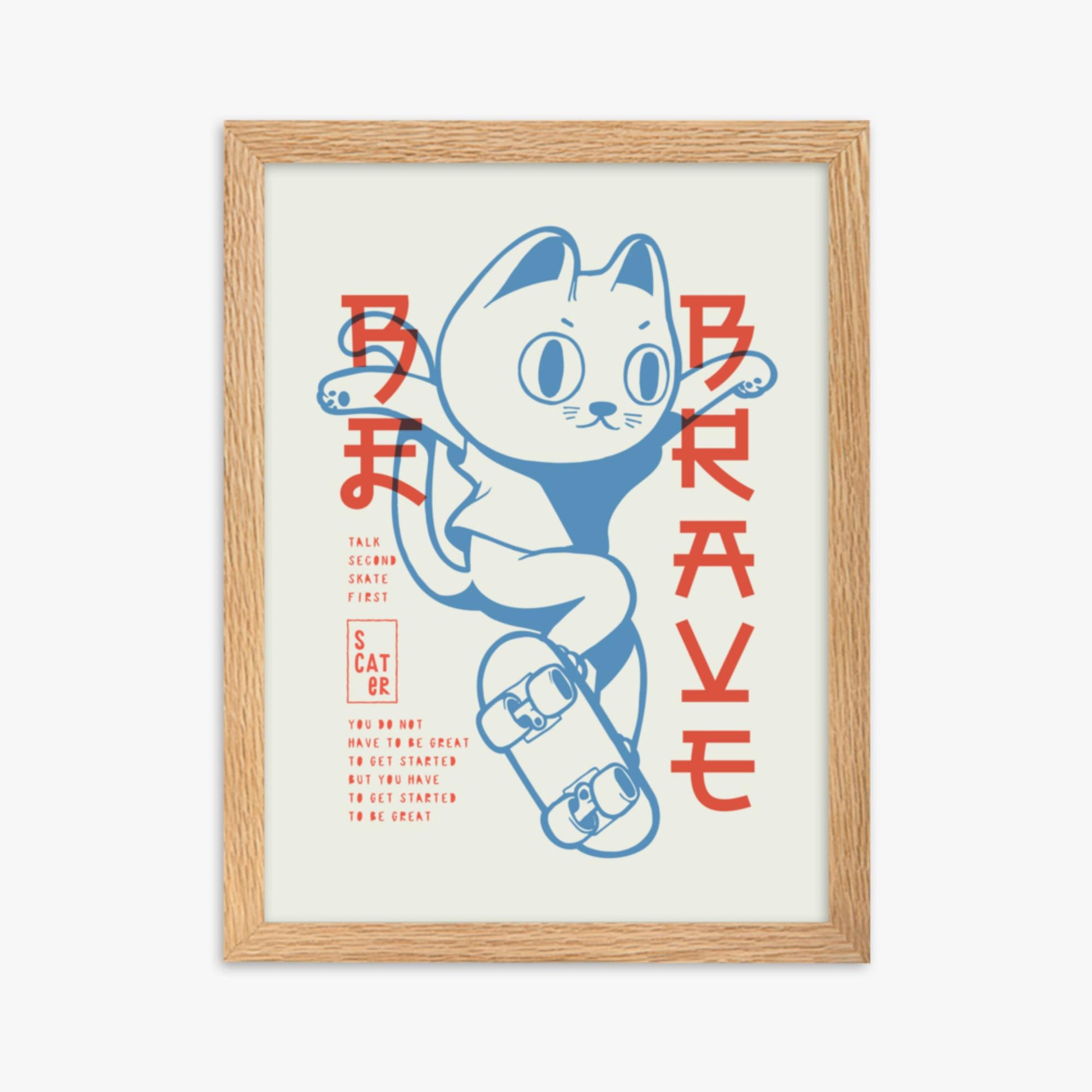 Modern illustration: Skater Cat 30x40 cm Poster With Oak Frame Frame