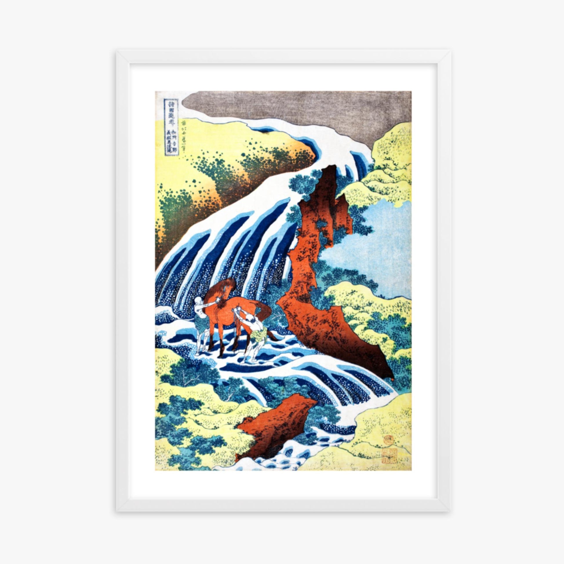 Katsushika Hokusai - The Yoshitsune Horse-Washing Falls at Yoshino, Izumi Province 50x70 cm Poster With White Frame
