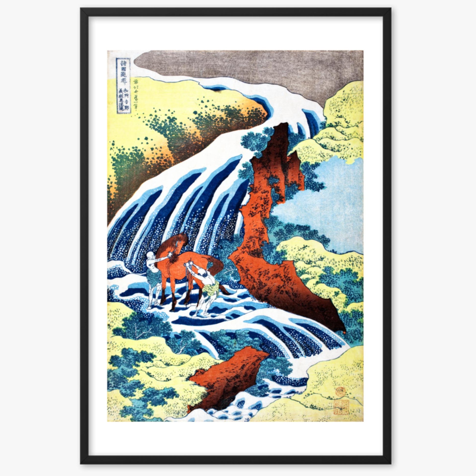 Katsushika Hokusai - The Yoshitsune Horse-Washing Falls at Yoshino, Izumi Province 61x91 cm Poster With Black Frame