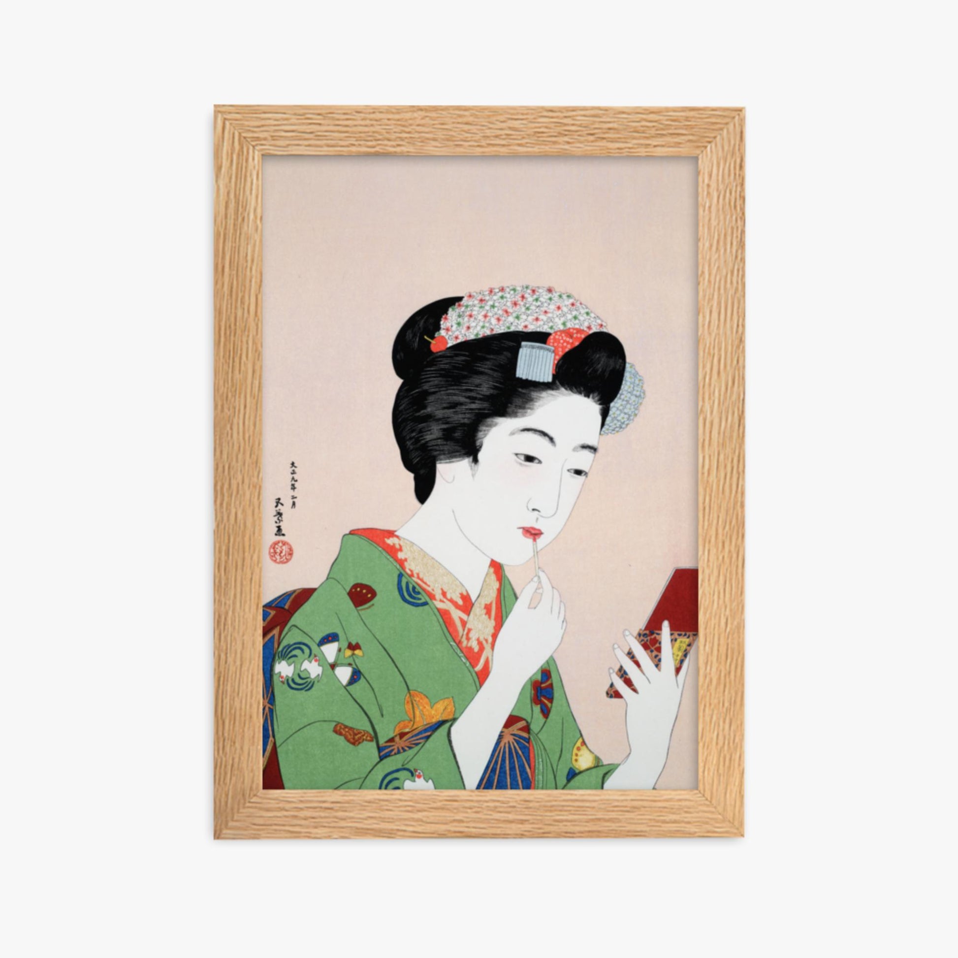 Goyō Hashiguchi - Woman Applying Rouge 21x30 cm Poster With Oak Frame