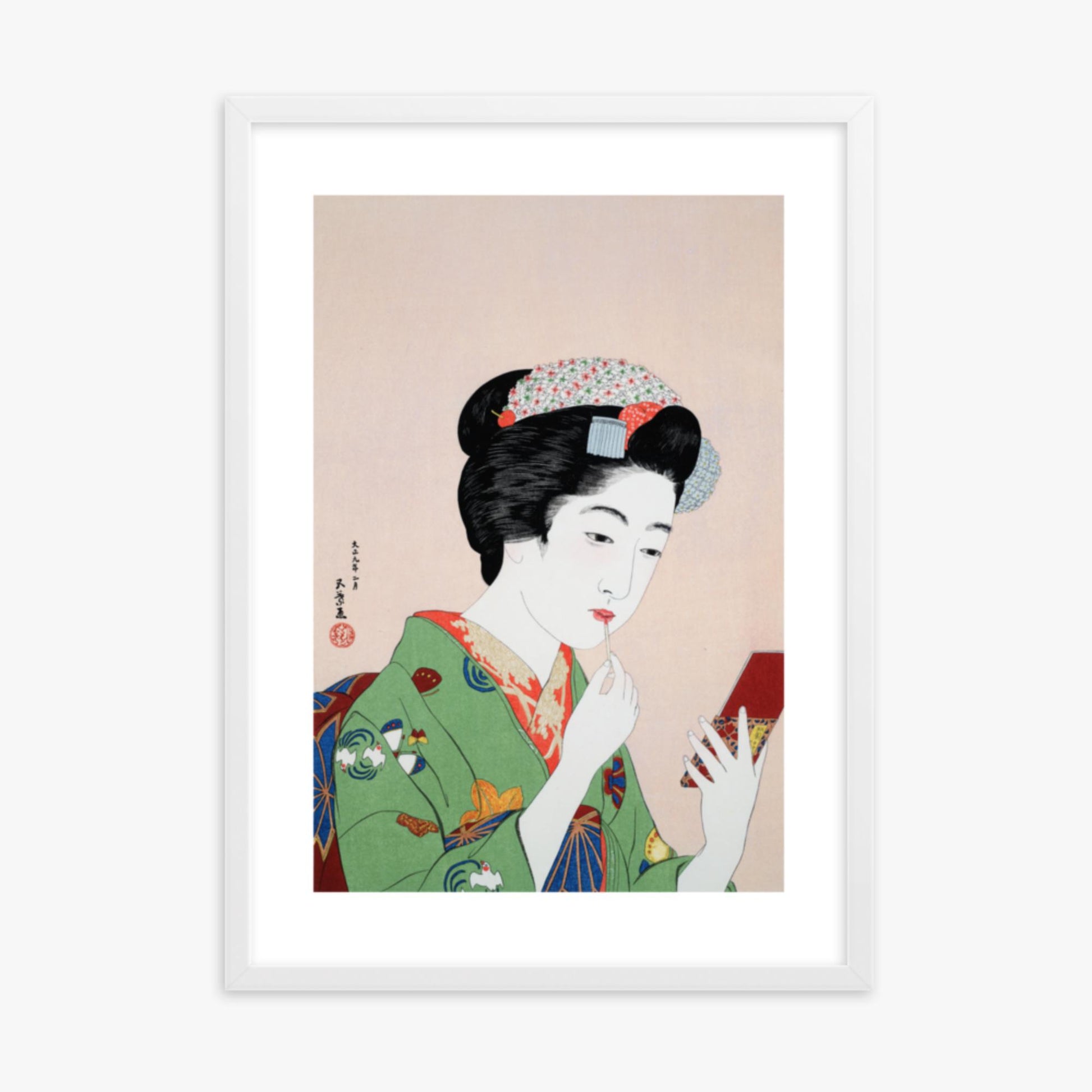 Goyō Hashiguchi - Woman Applying Rouge 50x70 cm Poster With White Frame