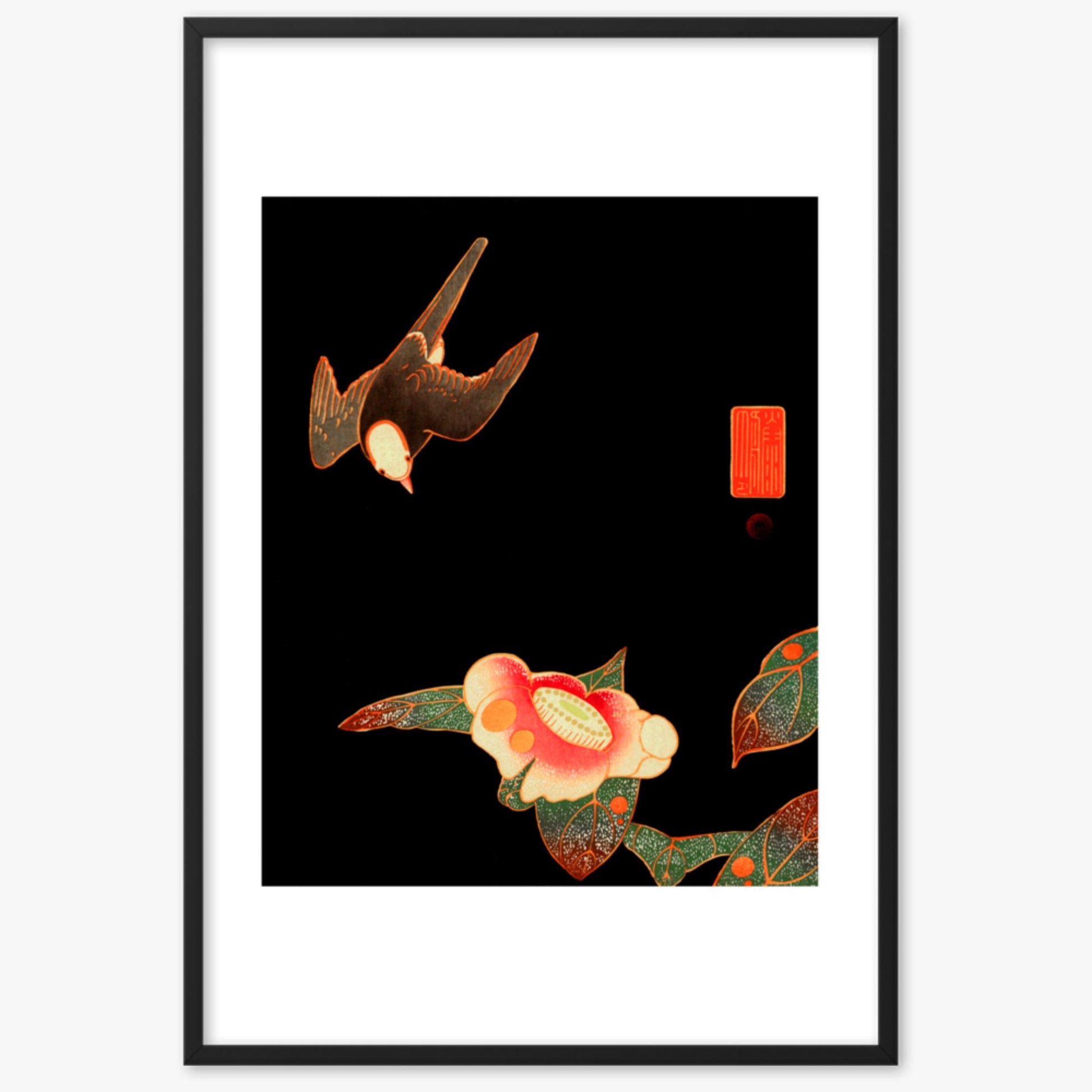 Ito Jakuchu - Swallow and Camellia 61x91 cm Poster With Black Frame