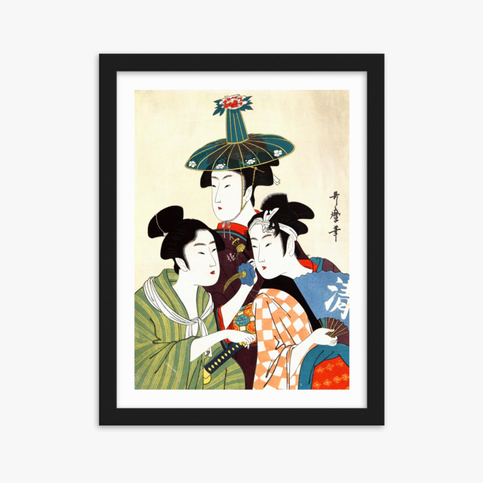 Utamaro Kitagawa - Three Young Men or Women  30x40 cm Poster With Black Frame
