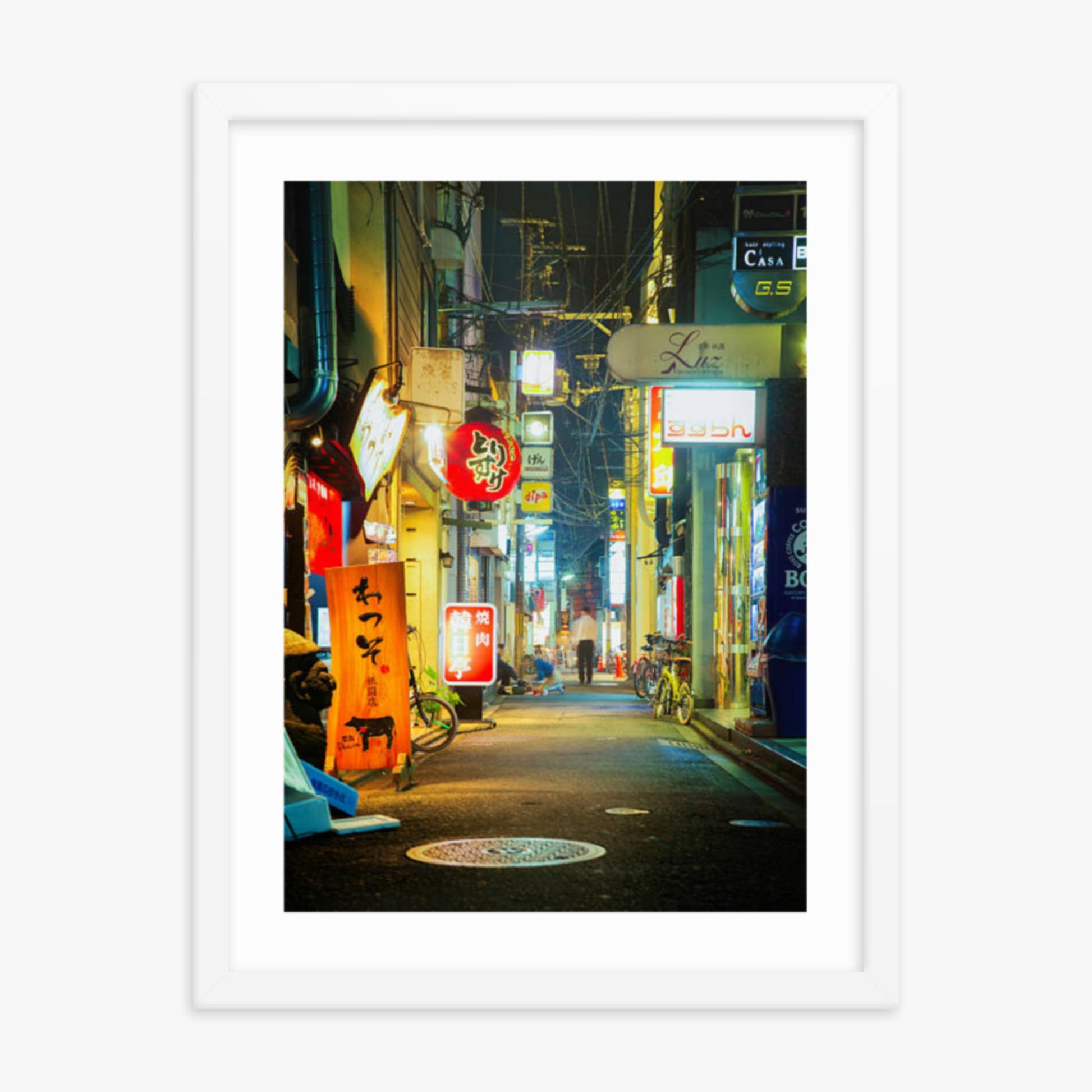 Kyoto, Japan backstreet at night 18x24 in Poster With White Frame