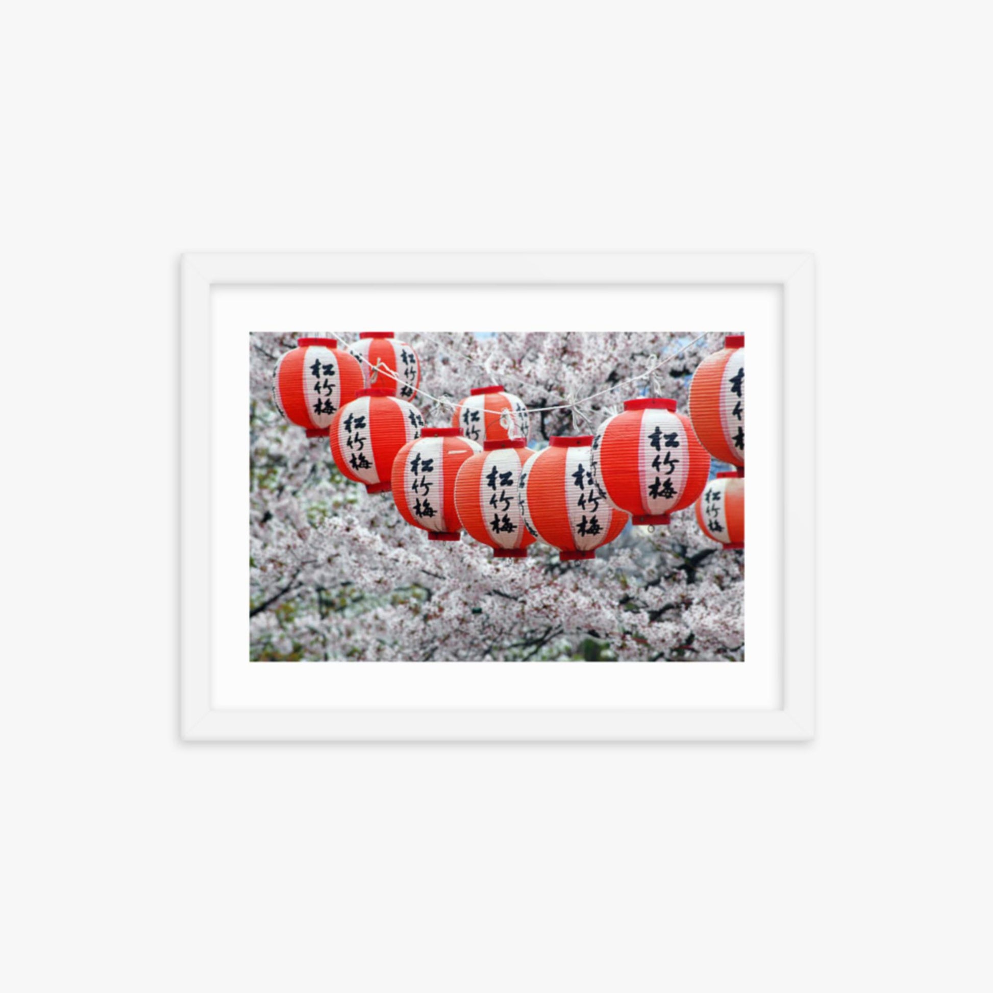 Japanese Lanterns and Cherry Blossom, Kyoto, Japan 12x16 in Poster With White Frame