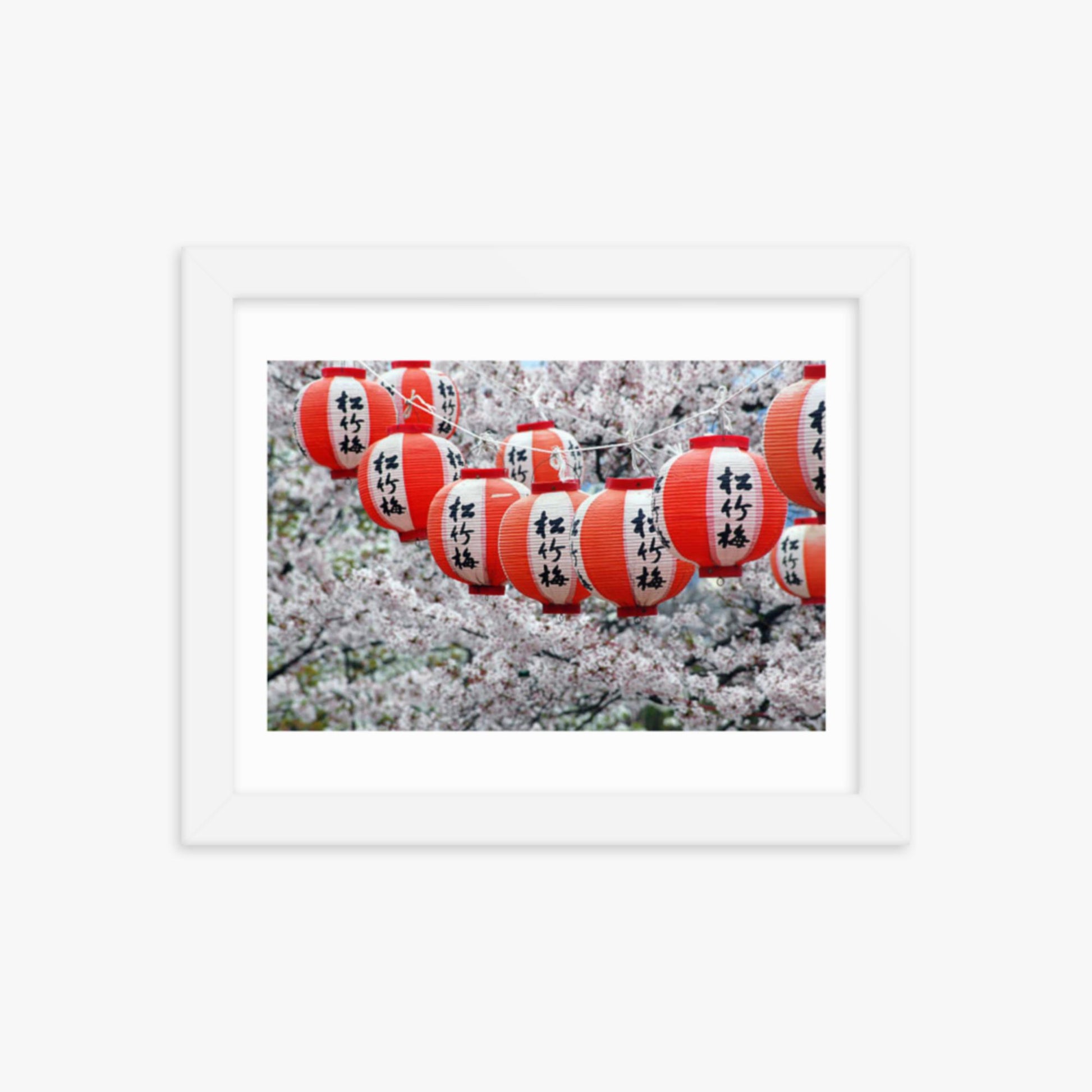 Japanese Lanterns and Cherry Blossom, Kyoto, Japan 8x10 in Poster With White Frame