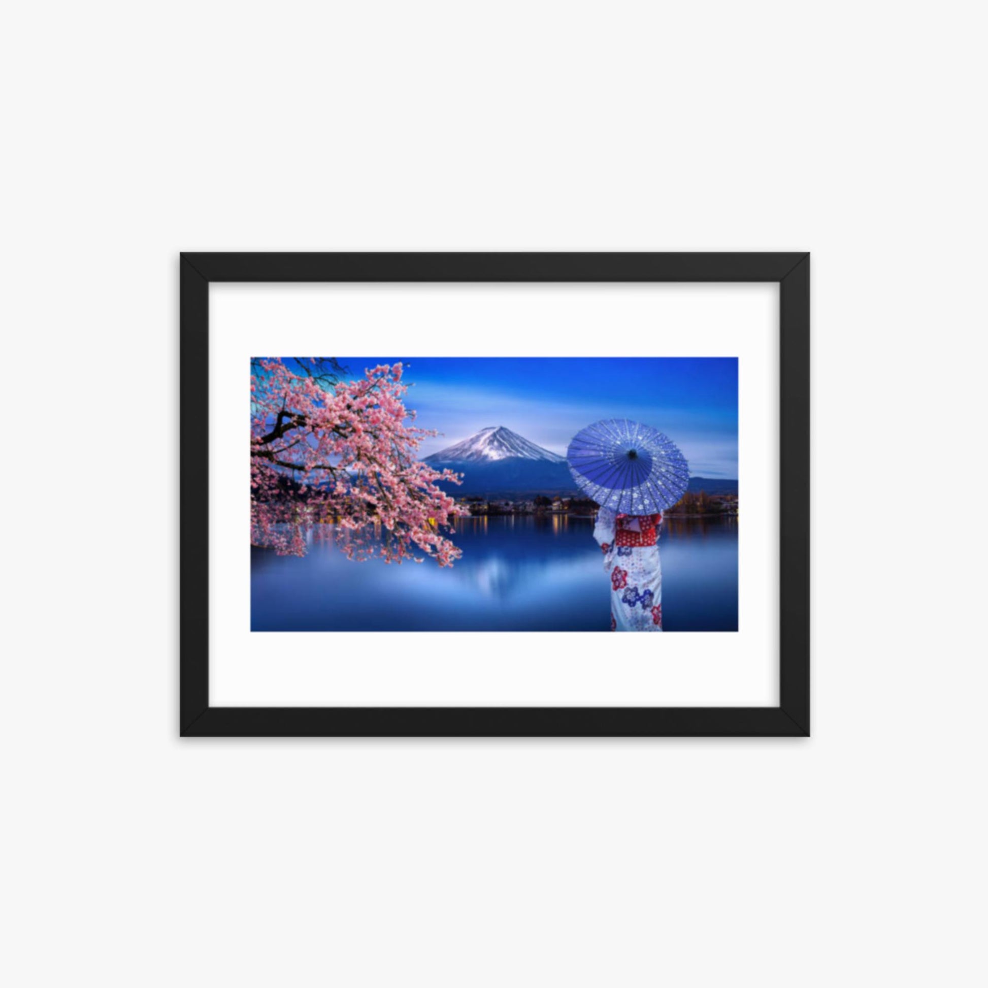 Asian woman wearing japanese traditional kimono at Fuji Mountain and cherry blossom, Kawaguchiko Lake in Japan 12x16 in Poster With Black Frame