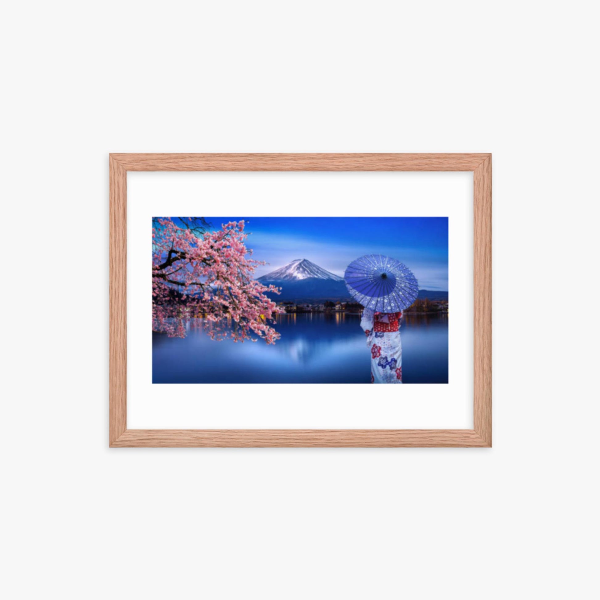 Asian woman wearing japanese traditional kimono at Fuji Mountain and cherry blossom, Kawaguchiko Lake in Japan 12x16 in Poster With Oak Frame