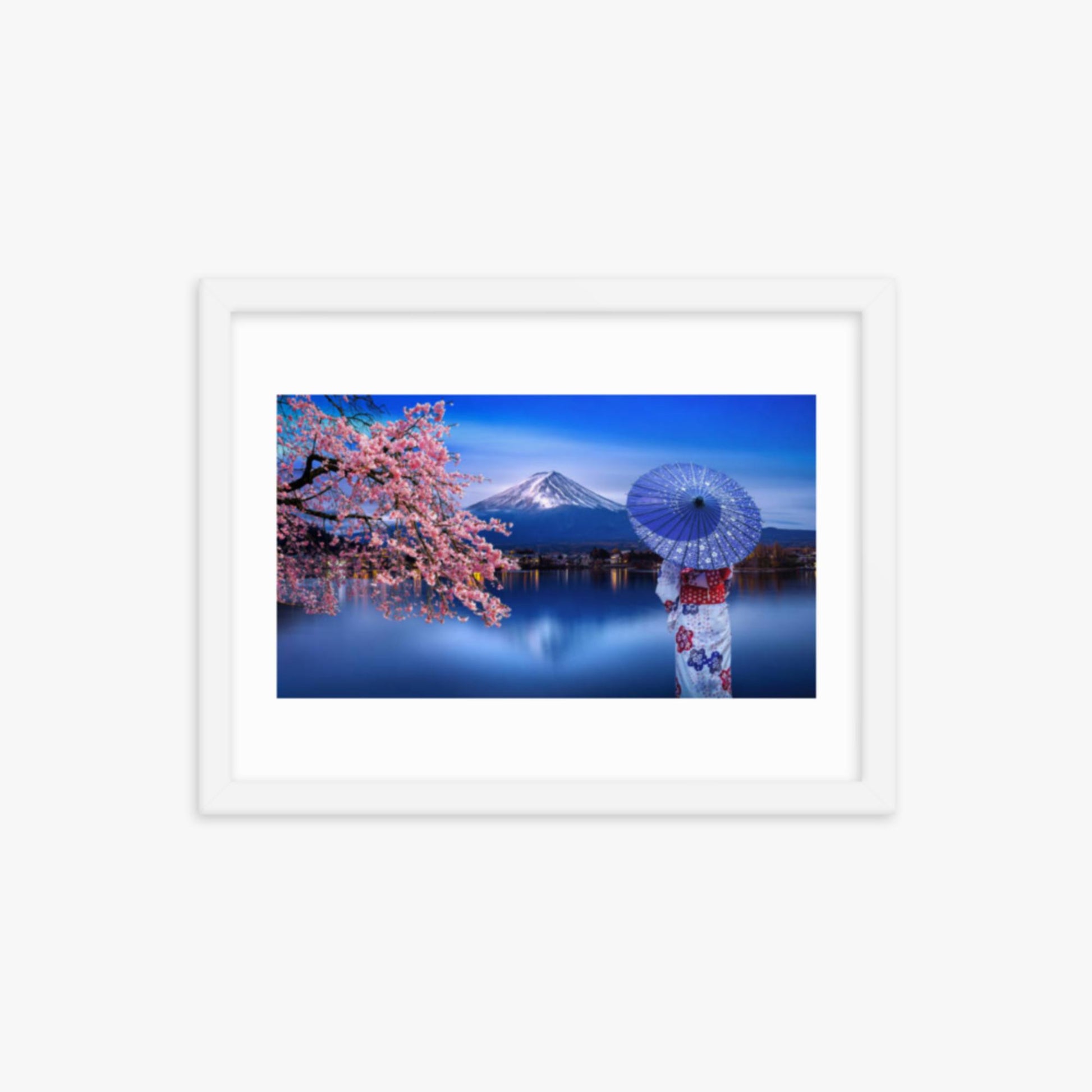 Asian woman wearing japanese traditional kimono at Fuji Mountain and cherry blossom, Kawaguchiko Lake in Japan 12x16 in Poster With White Frame