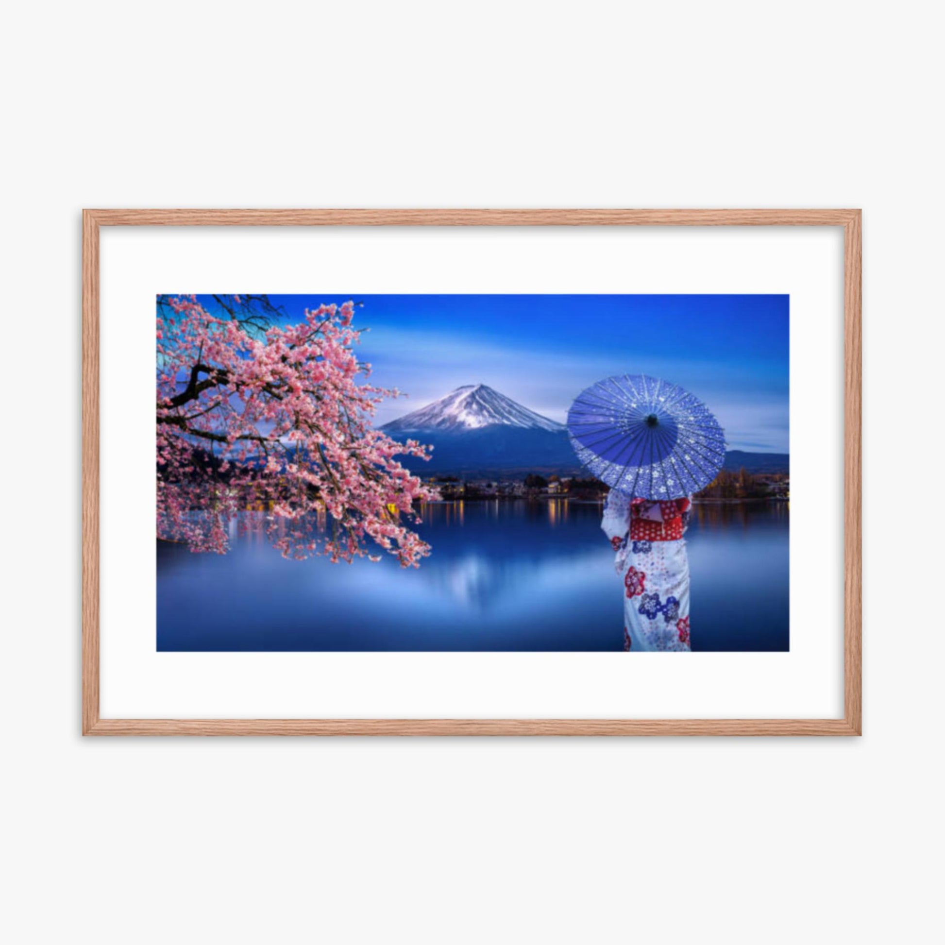 Asian woman wearing japanese traditional kimono at Fuji Mountain and cherry blossom, Kawaguchiko Lake in Japan 24x36 in Poster With Oak Frame