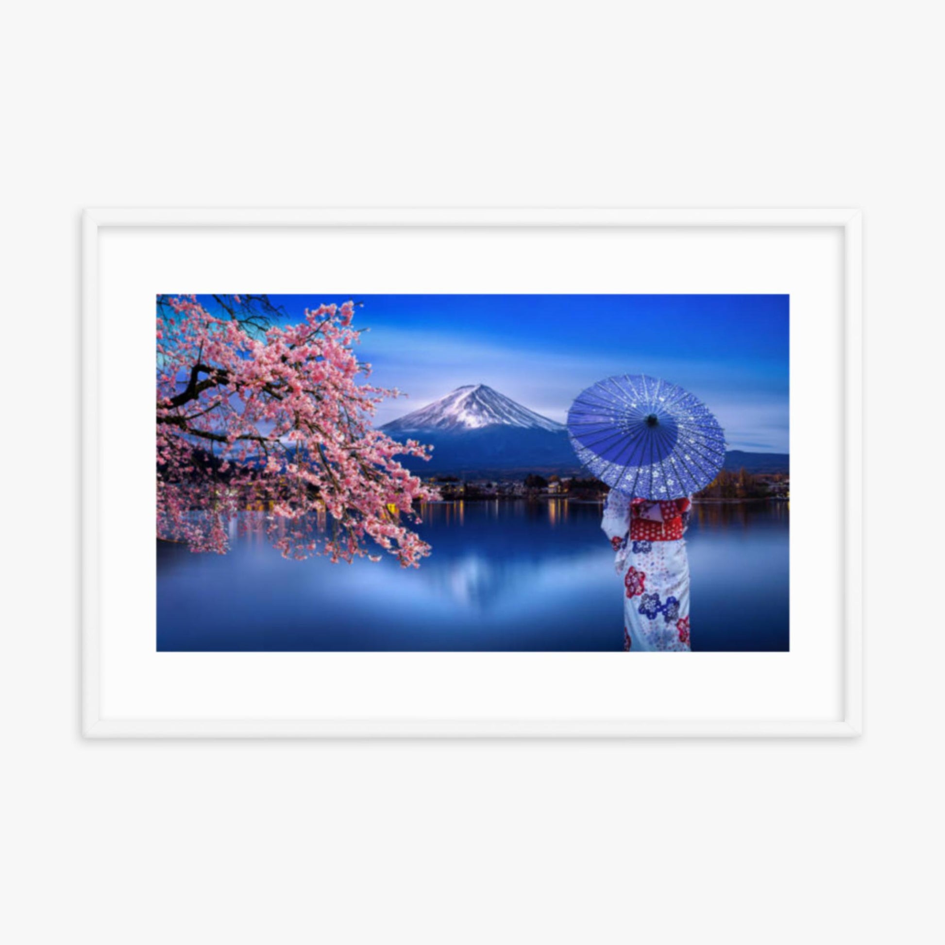 Asian woman wearing japanese traditional kimono at Fuji Mountain and cherry blossom, Kawaguchiko Lake in Japan 24x36 in Poster With White Frame
