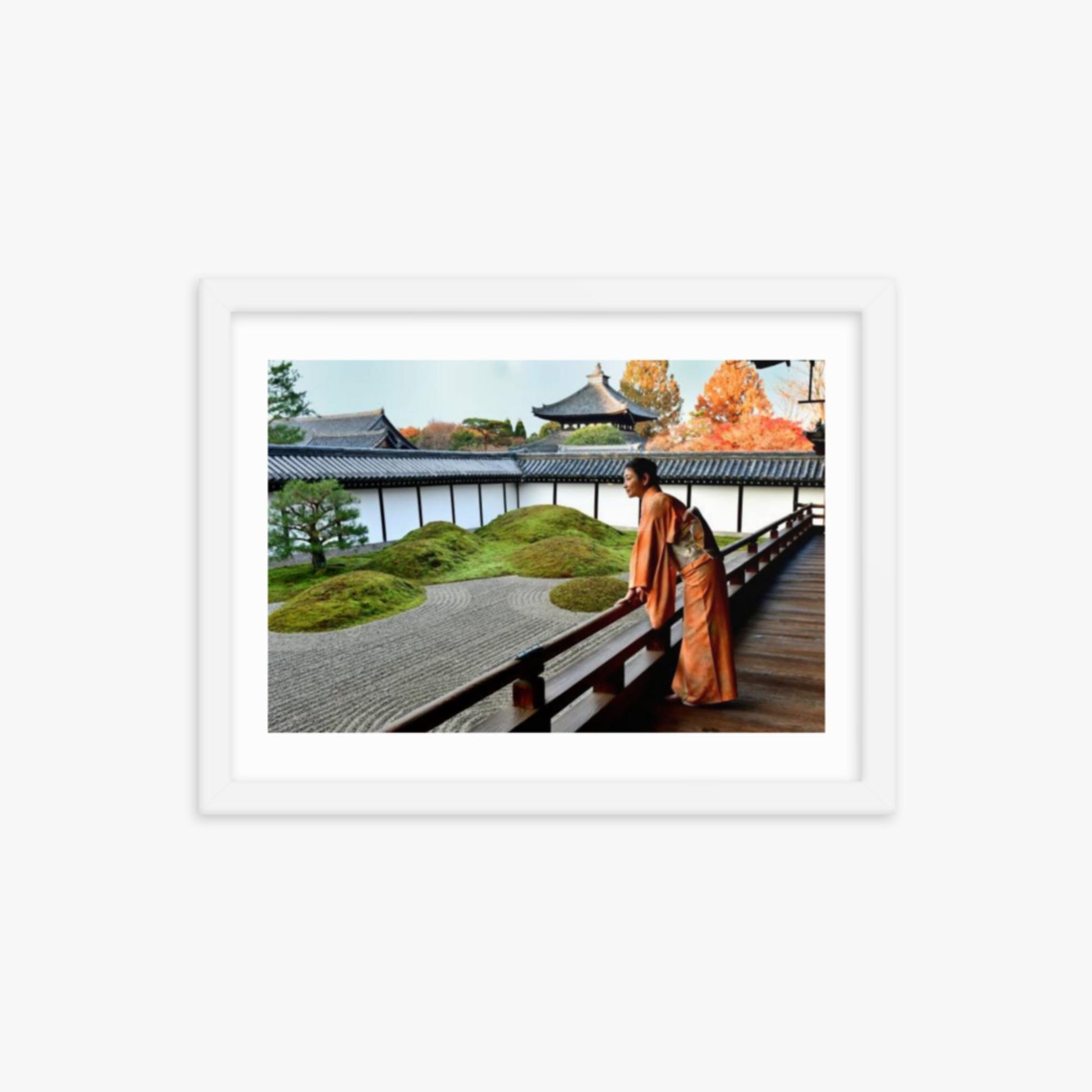 Japanese Woman in Kimono Appreciating Japanese Garden at Tofukuji, Kyoto 12x16 in Poster With White Frame