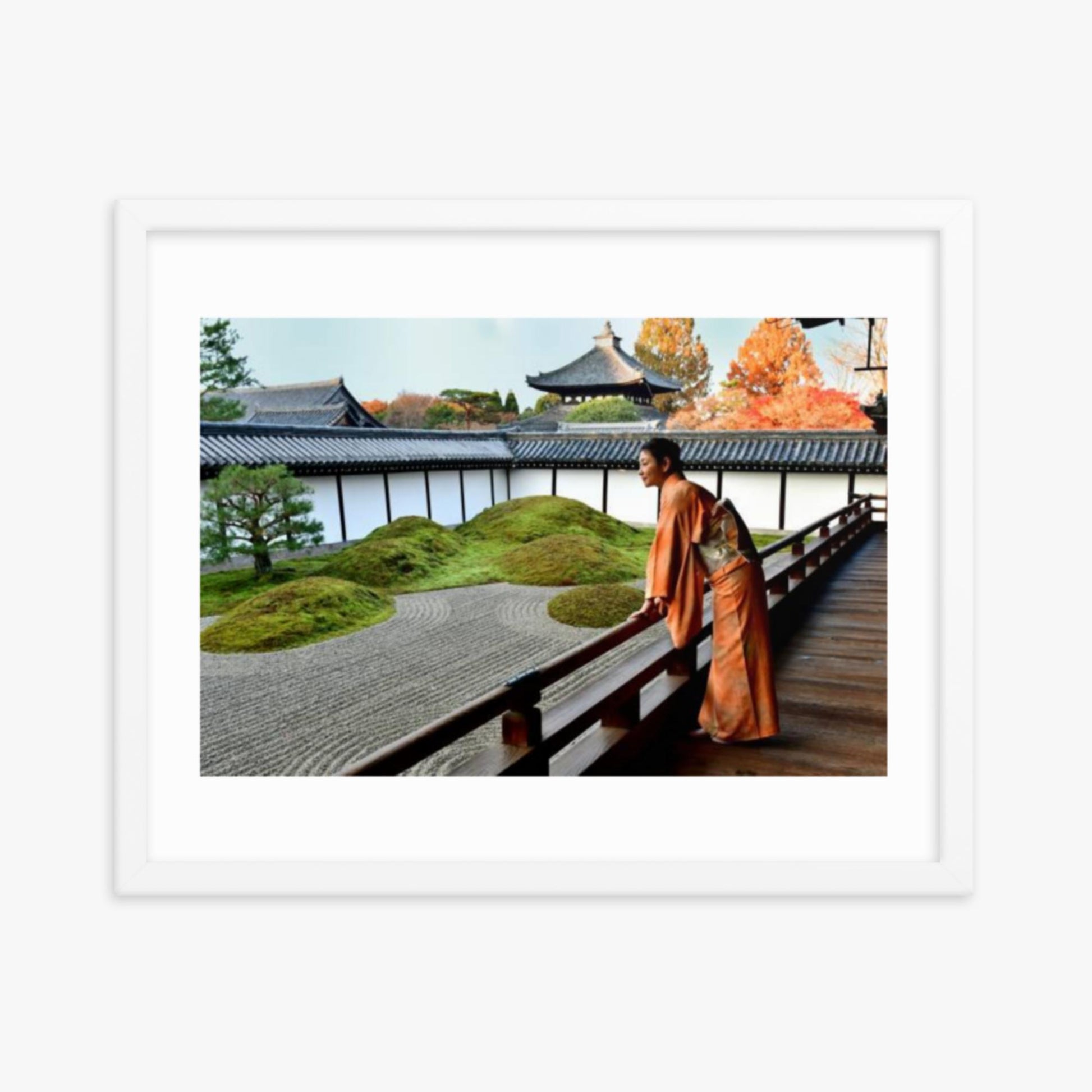 Japanese Woman in Kimono Appreciating Japanese Garden at Tofukuji, Kyoto 16x20 in Poster With White Frame