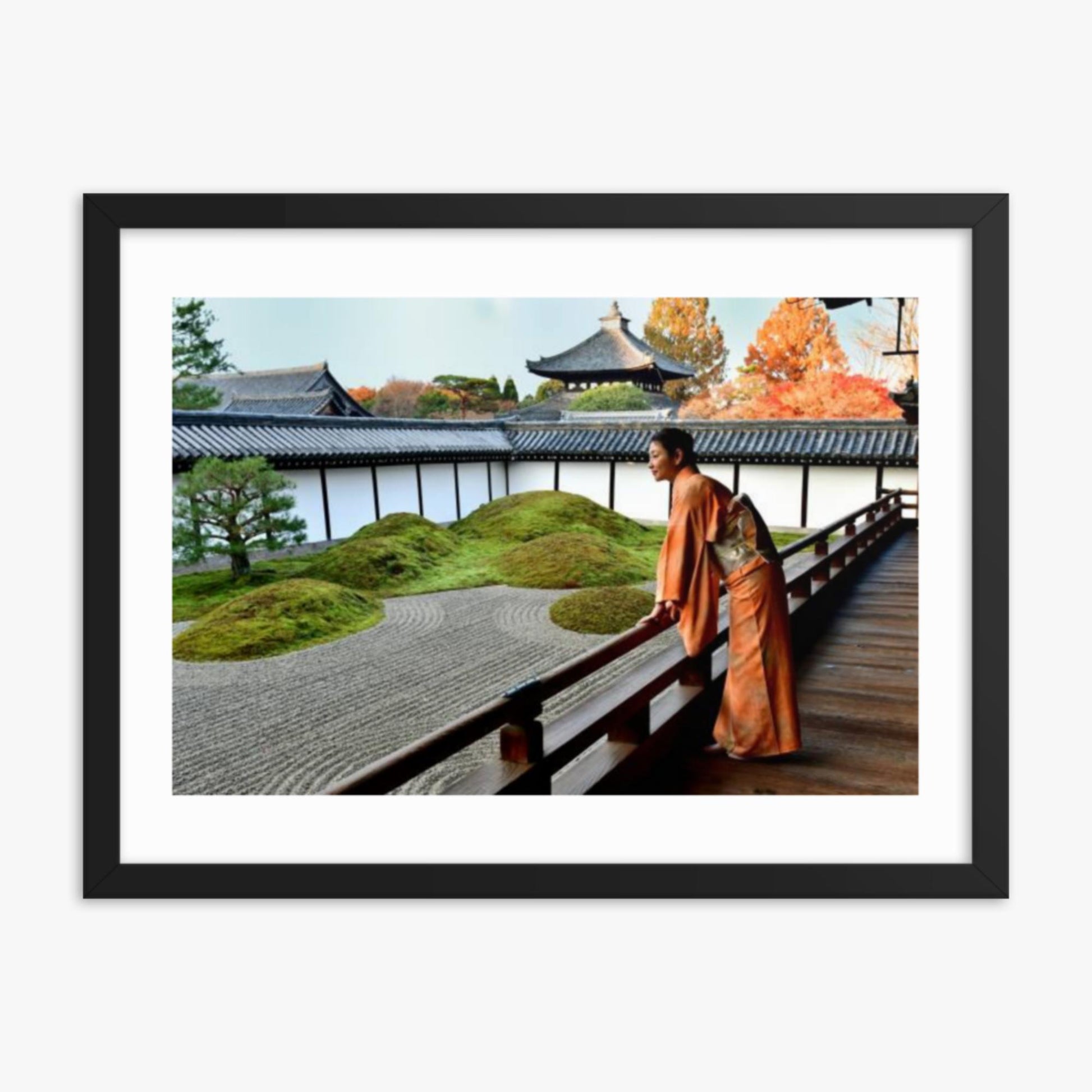 Japanese Woman in Kimono Appreciating Japanese Garden at Tofukuji, Kyoto 18x24 in Poster With Black Frame