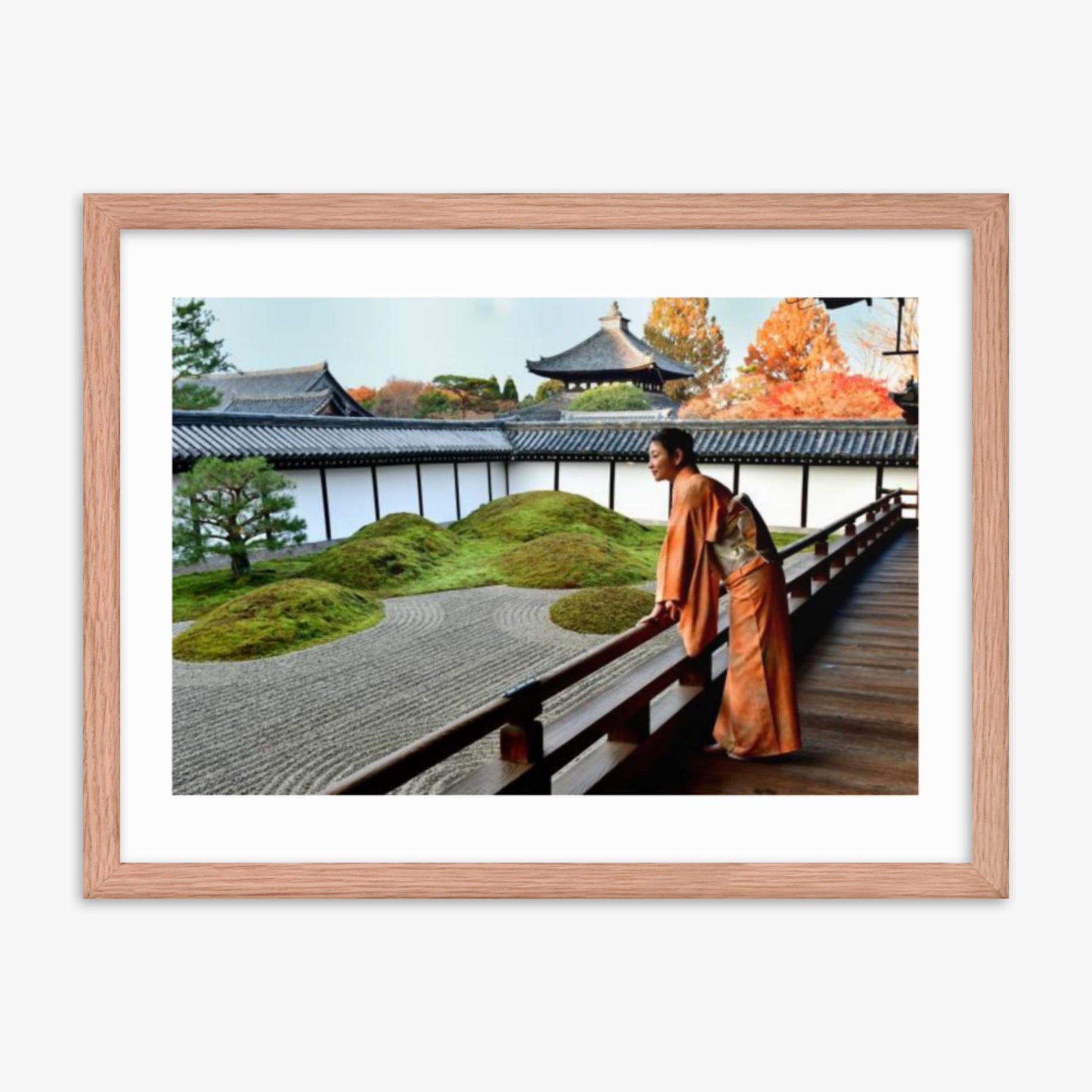 Japanese Woman in Kimono Appreciating Japanese Garden at Tofukuji, Kyoto 18x24 in Poster With Oak Frame