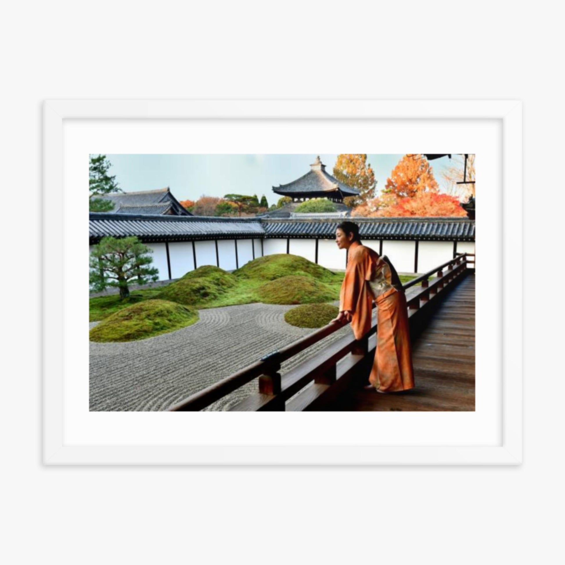 Japanese Woman in Kimono Appreciating Japanese Garden at Tofukuji, Kyoto 18x24 in Poster With White Frame