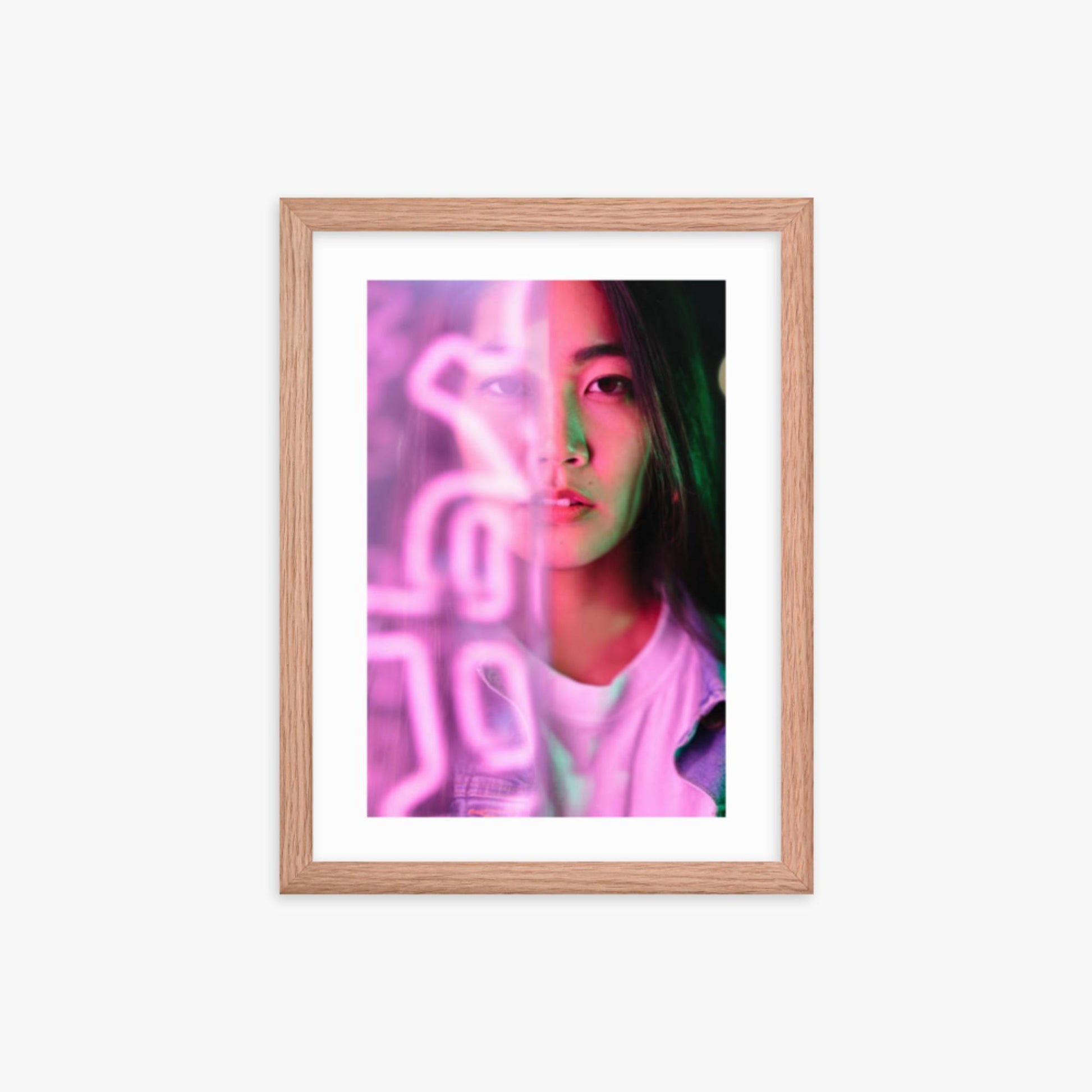 Portrait of young woman lit by pink neon light 12x16 in Poster With Oak Frame