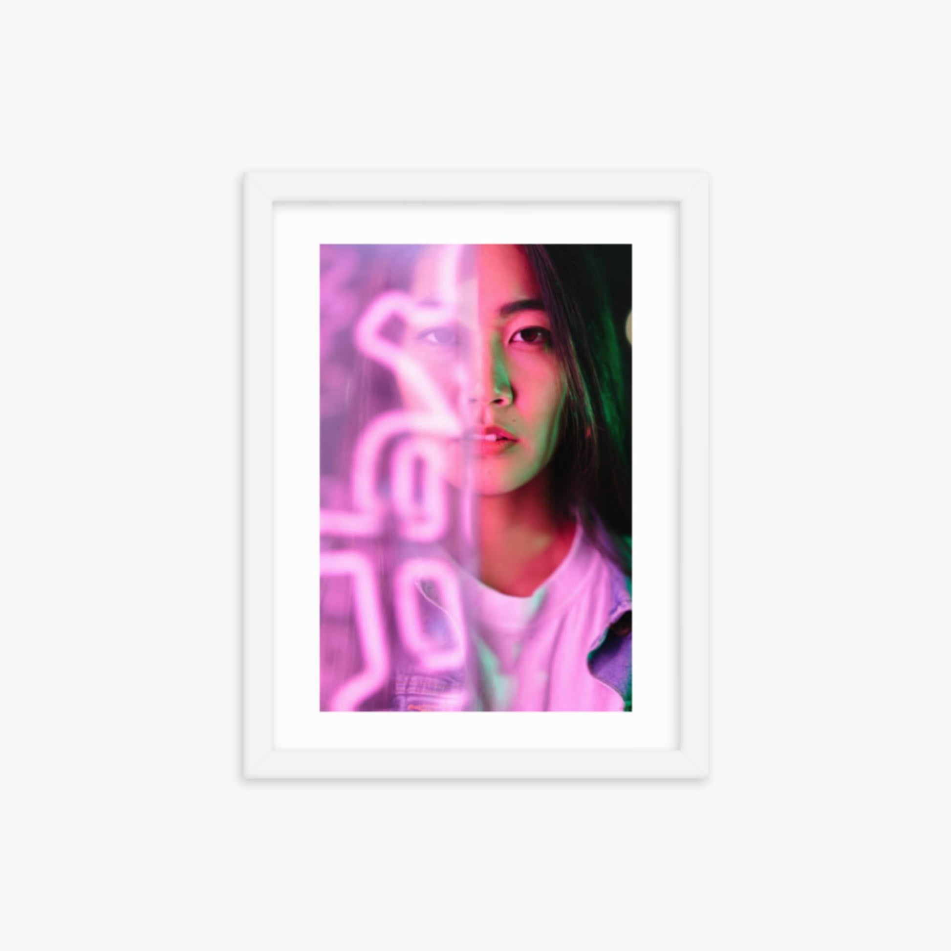 Portrait of young woman lit by pink neon light 12x16 in Poster With White Frame