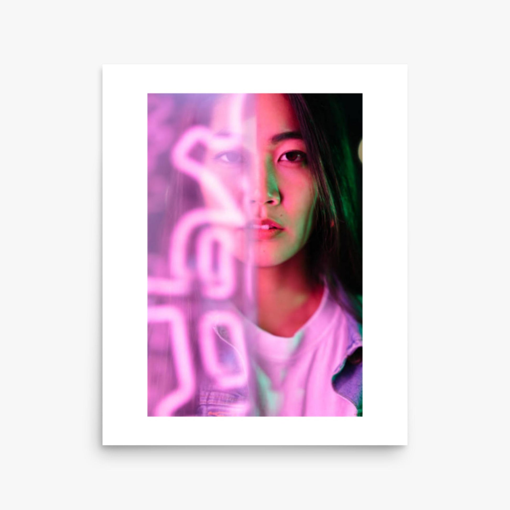 Portrait of young woman lit by pink neon light 16x20 in Poster