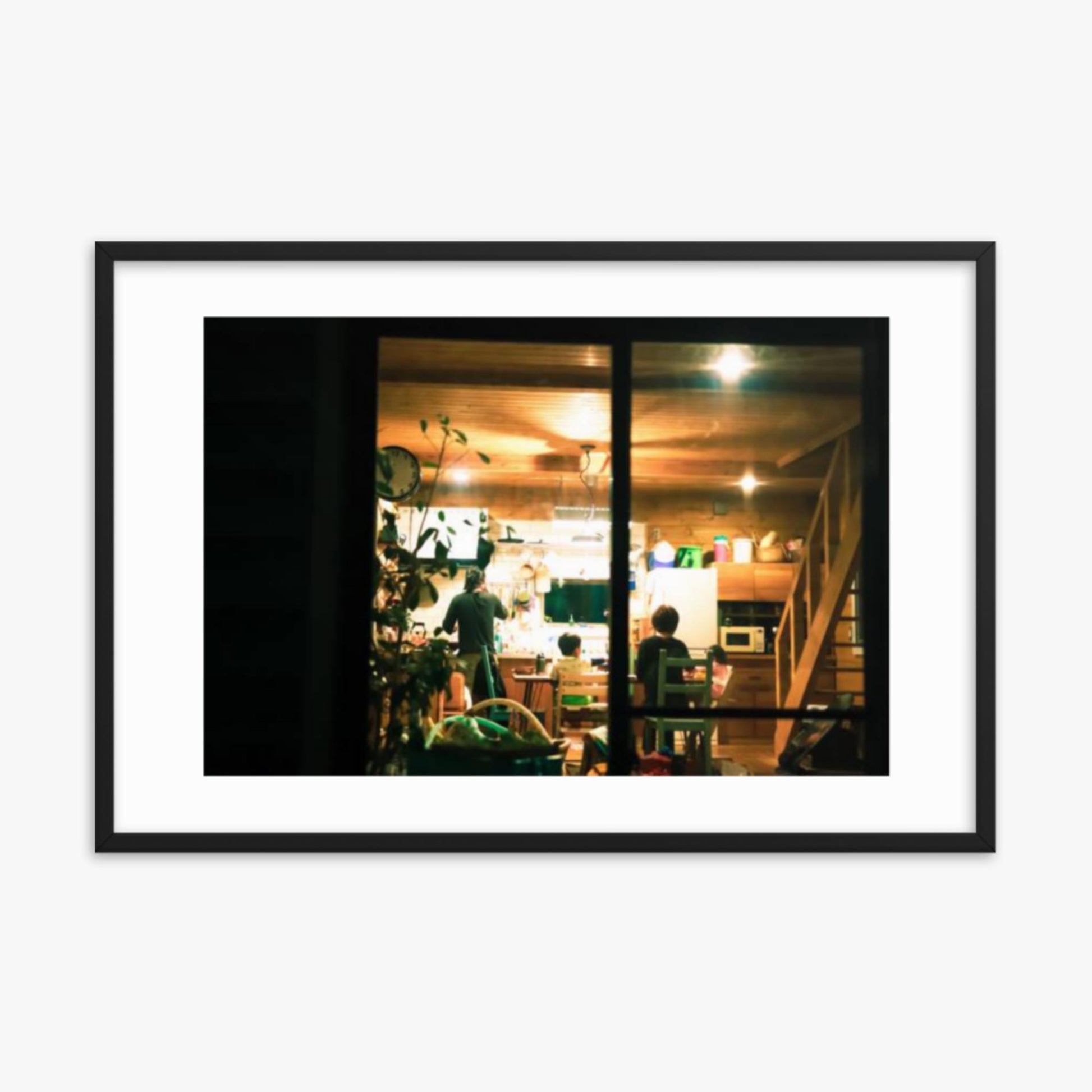 Log cabin seen through the window 24x36 in Poster With Black Frame