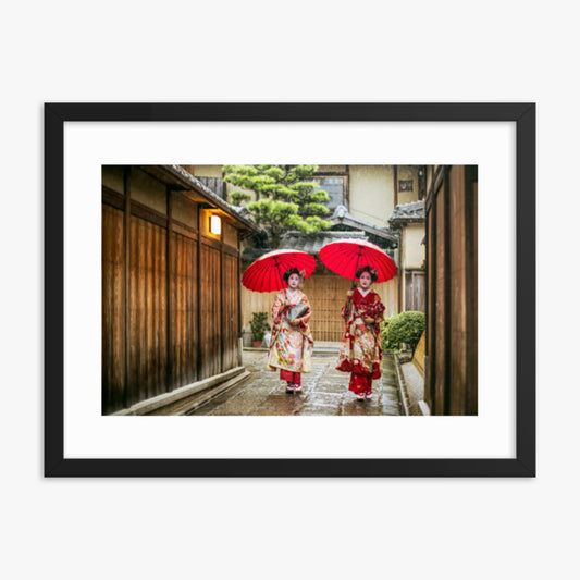 Geishas holding red umbrellas during rainy season 18x24 in Poster With Black Frame