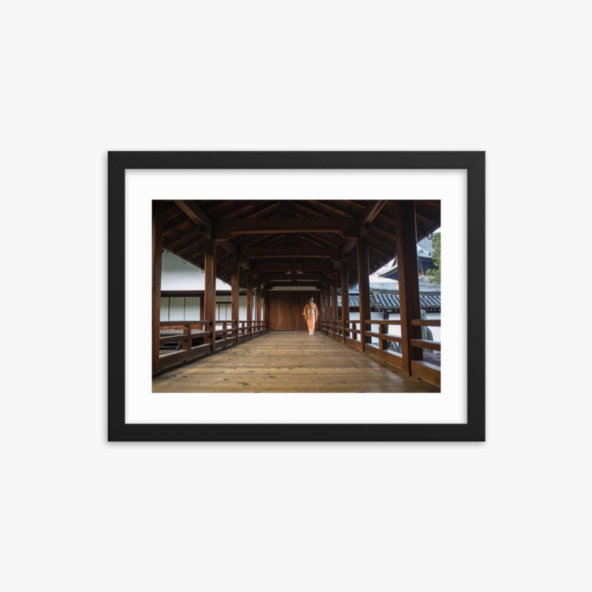 Woman in a kimono walking through a temple corridor 12x16 in Poster With Black Frame