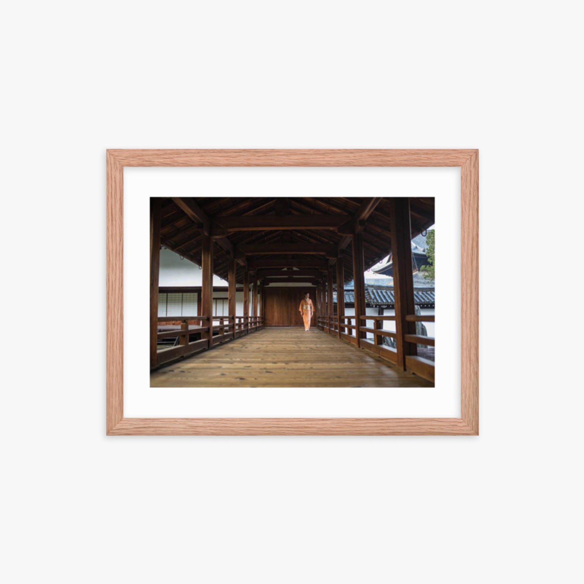 Woman in a kimono walking through a temple corridor 12x16 in Poster With Oak Frame