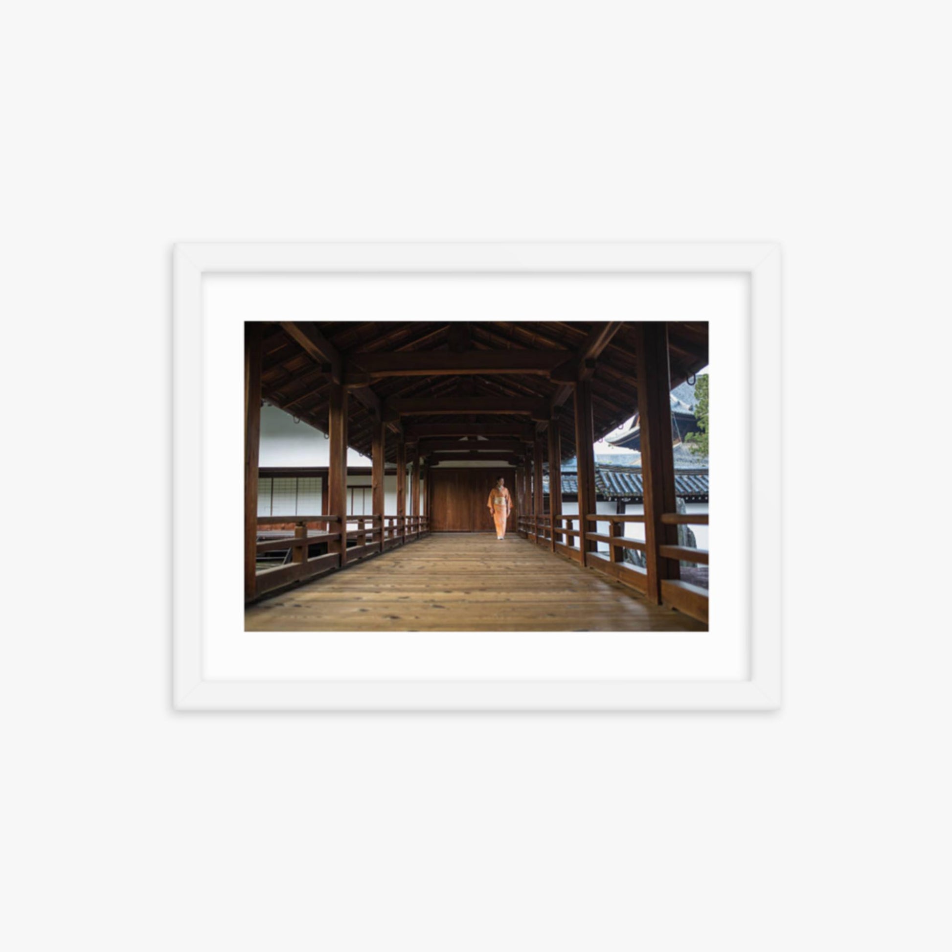 Woman in a kimono walking through a temple corridor 12x16 in Poster With White Frame