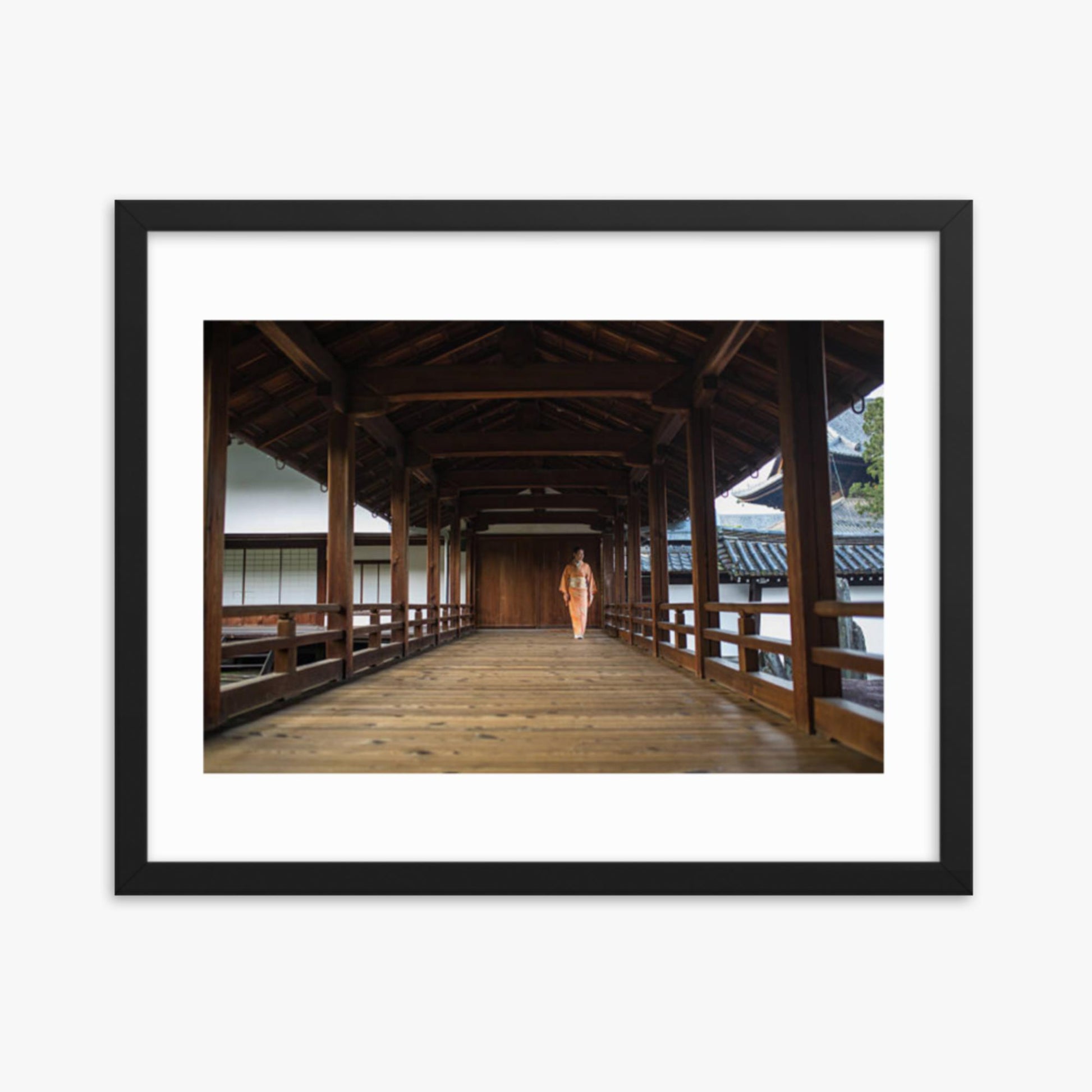 Woman in a kimono walking through a temple corridor 16x20 in Poster With Black Frame