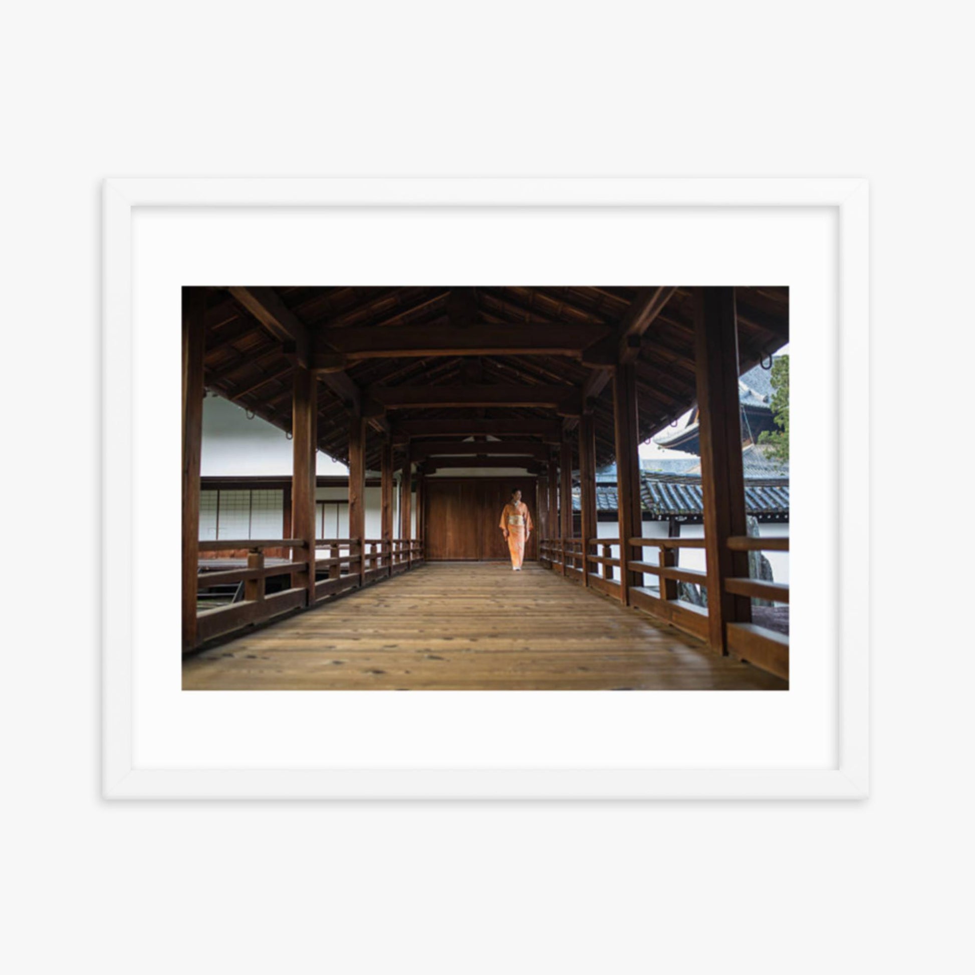 Woman in a kimono walking through a temple corridor 16x20 in Poster With White Frame