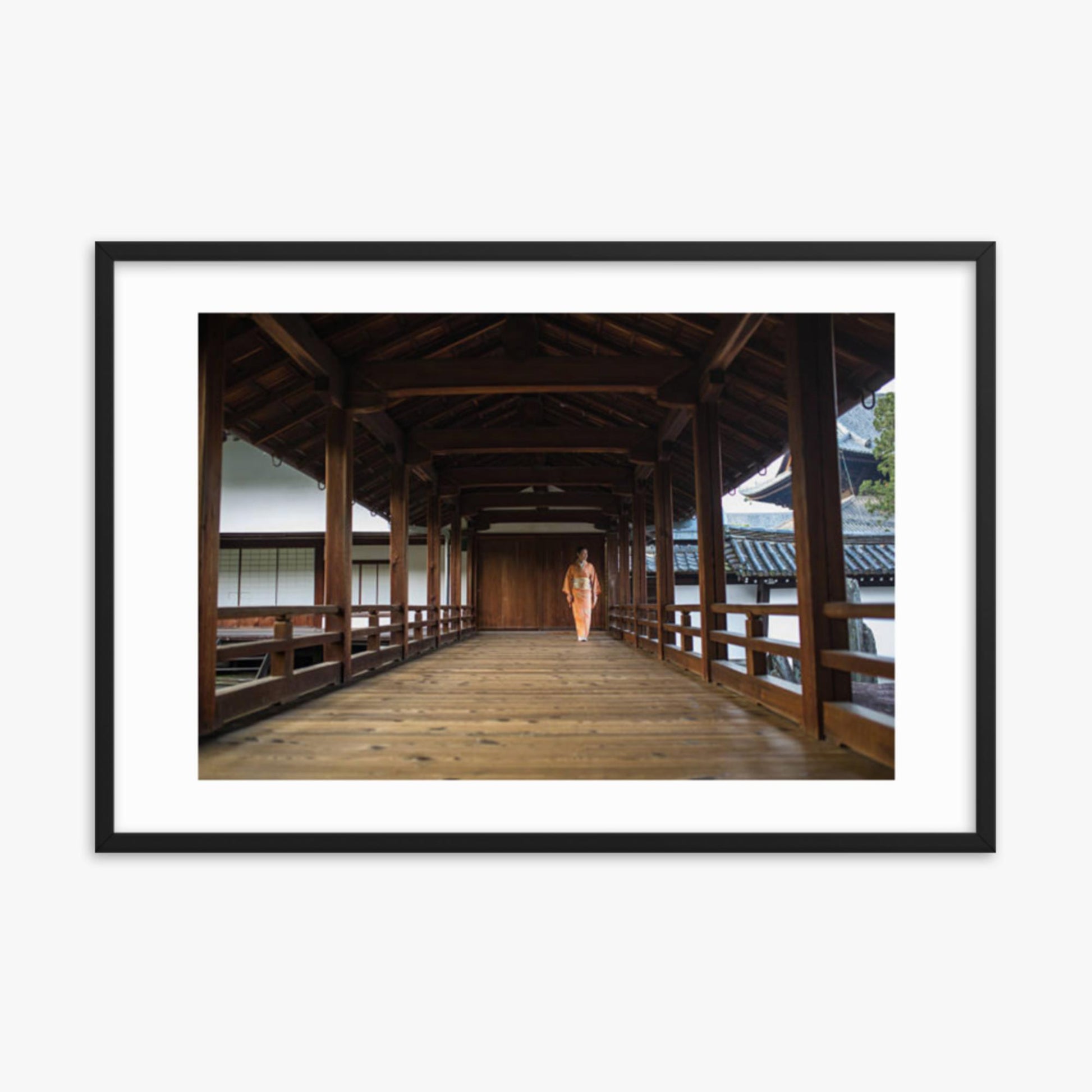 Woman in a kimono walking through a temple corridor 24x36 in Poster With Black Frame