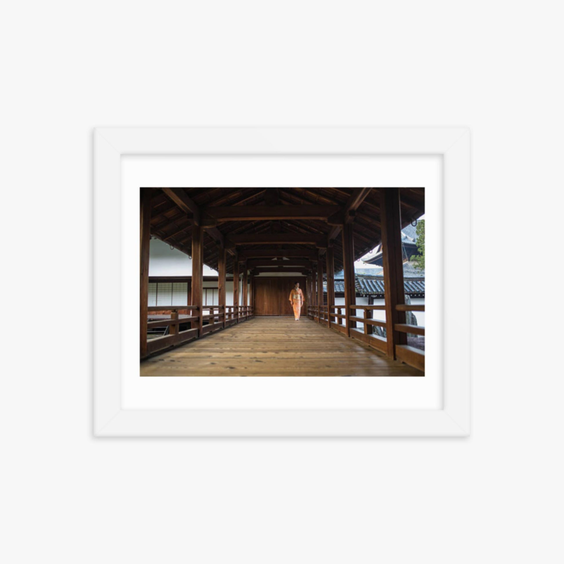 Woman in a kimono walking through a temple corridor 8x10 in Poster With White Frame