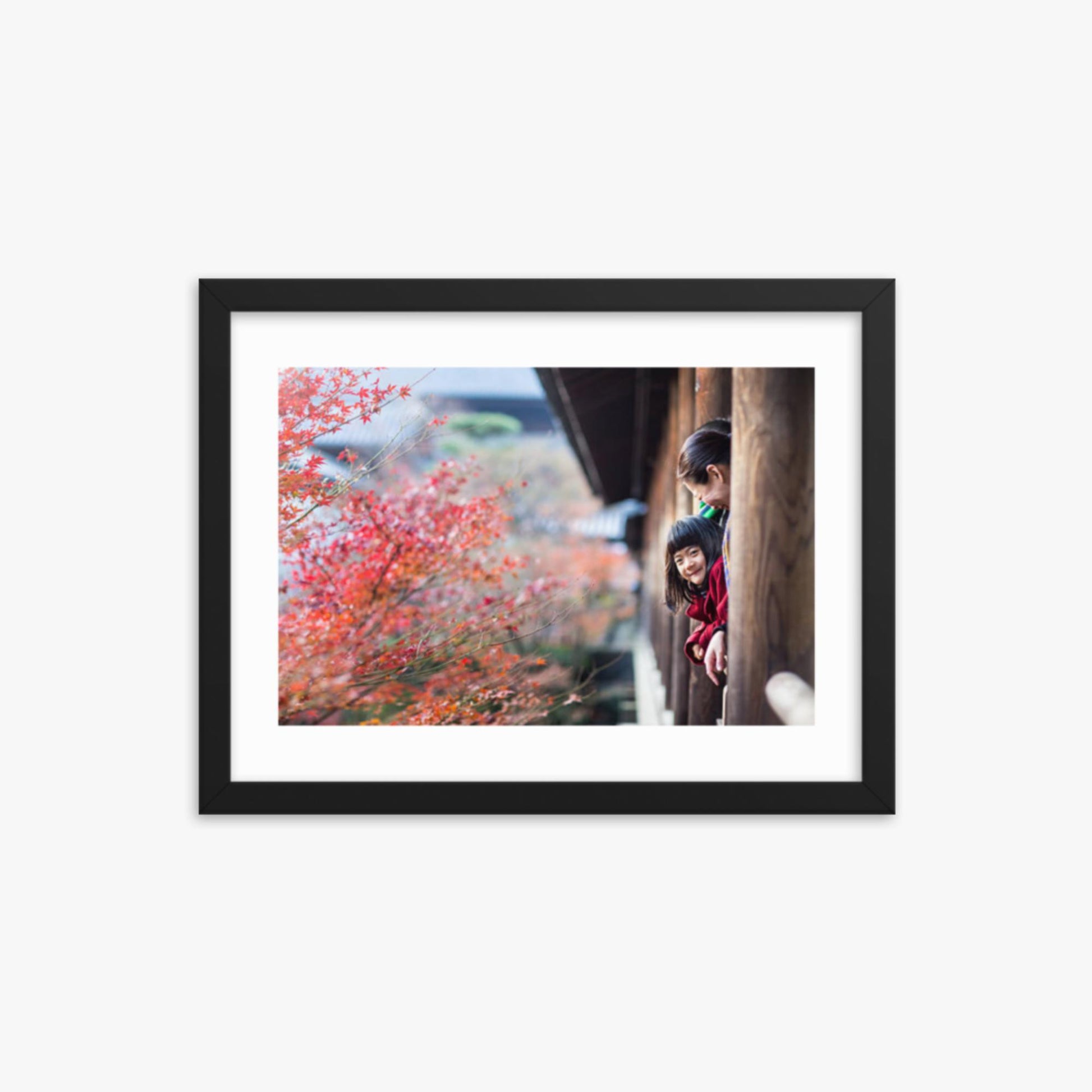 Father, mother and daughter at a temple enjoying autumn leaves 12x16 in Poster With Black Frame