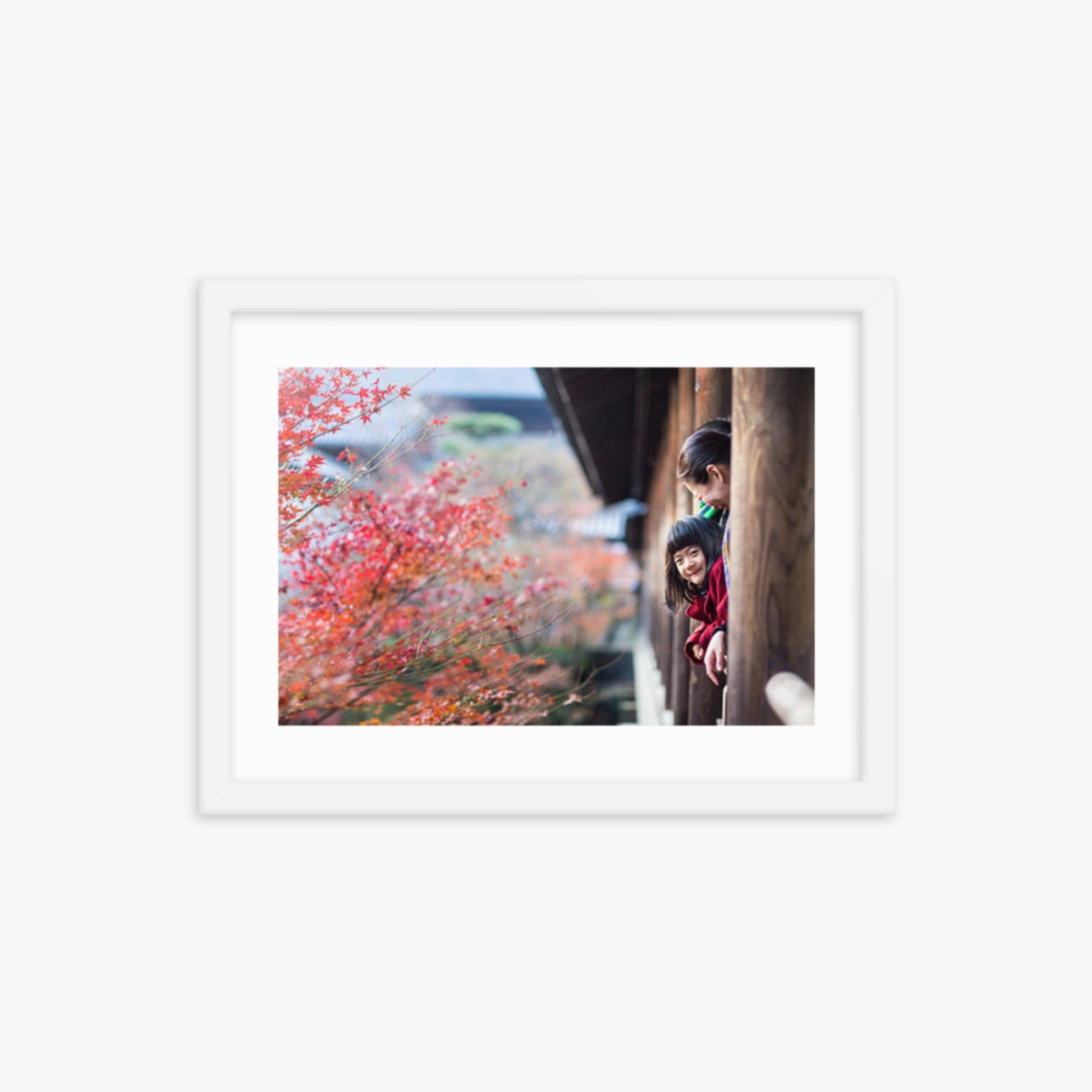Father, mother and daughter at a temple enjoying autumn leaves 12x16 in Poster With White Frame