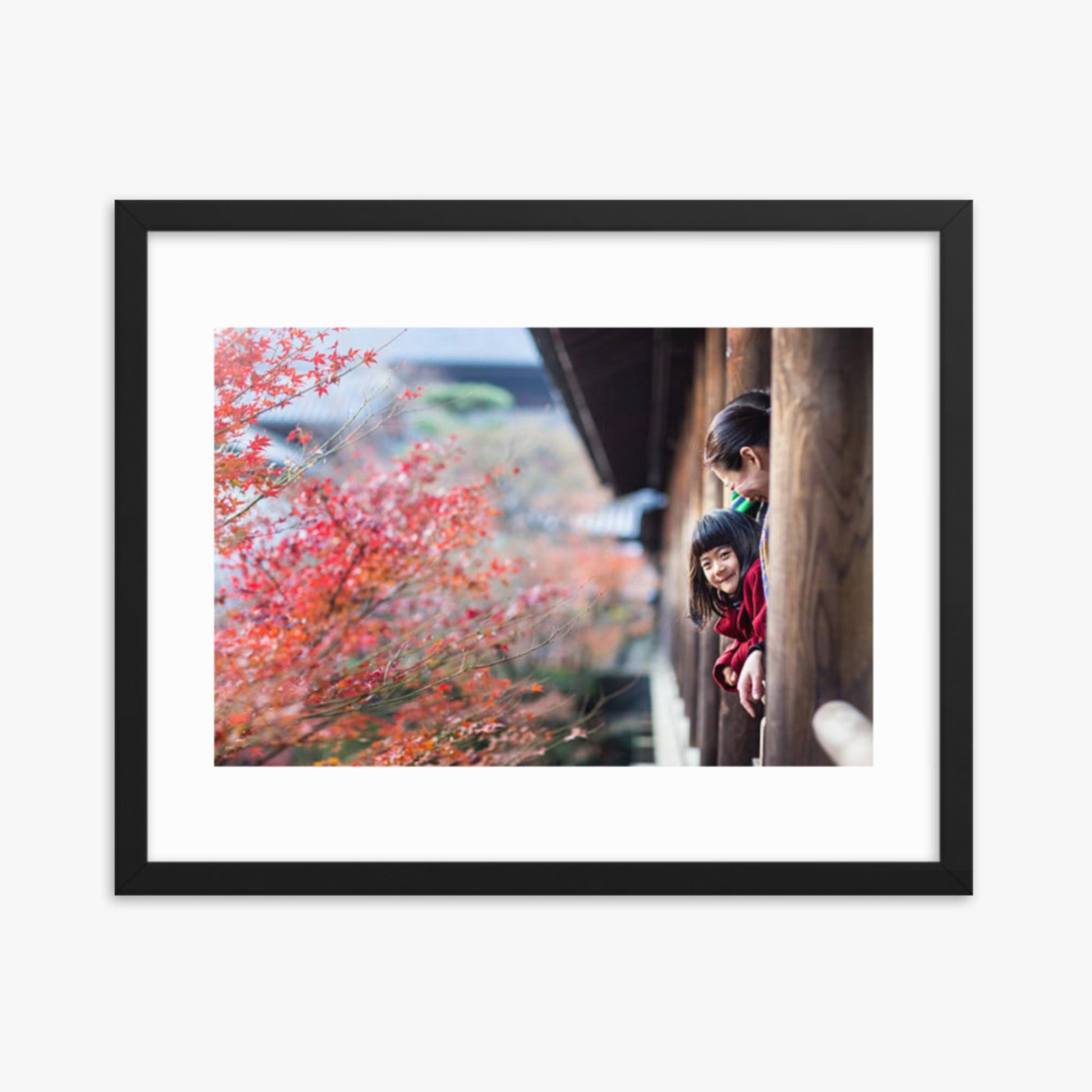 Father, mother and daughter at a temple enjoying autumn leaves 16x20 in Poster With Black Frame