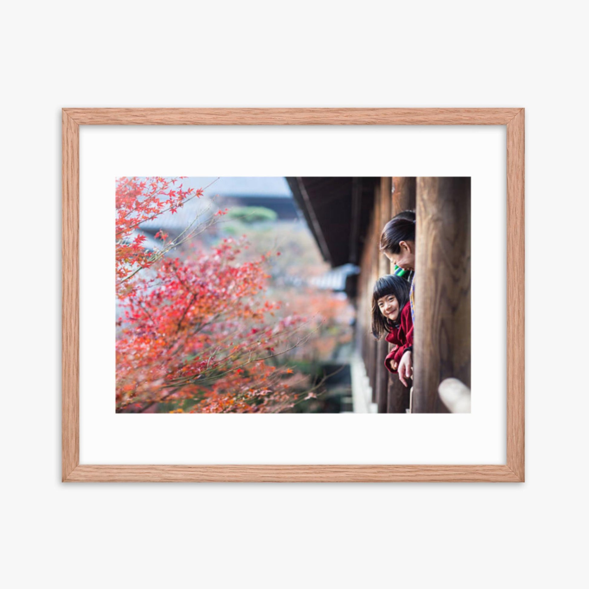 Father, mother and daughter at a temple enjoying autumn leaves 16x20 in Poster With Oak Frame